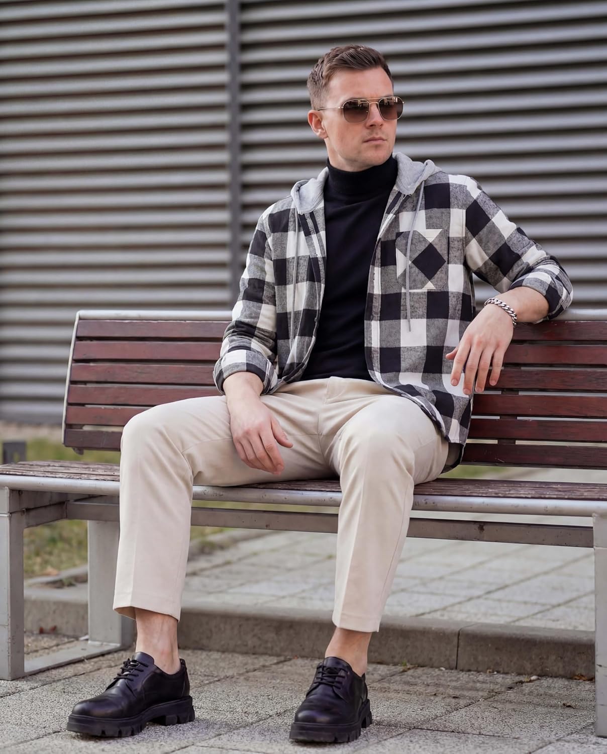 EKLENTSON Men's Flannel Shirt Long Sleeve Plaid Hoodies for Men Lightweight Jackets Casual Button Down Shirt with Pocket