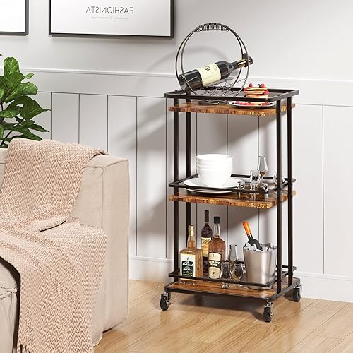 Miniatura 9 de Carrito de barra de servicio rodante de 3 niveles, mini barra de licor, carrito de almacenamiento de isla de cocina de madera y metal con ruedas,