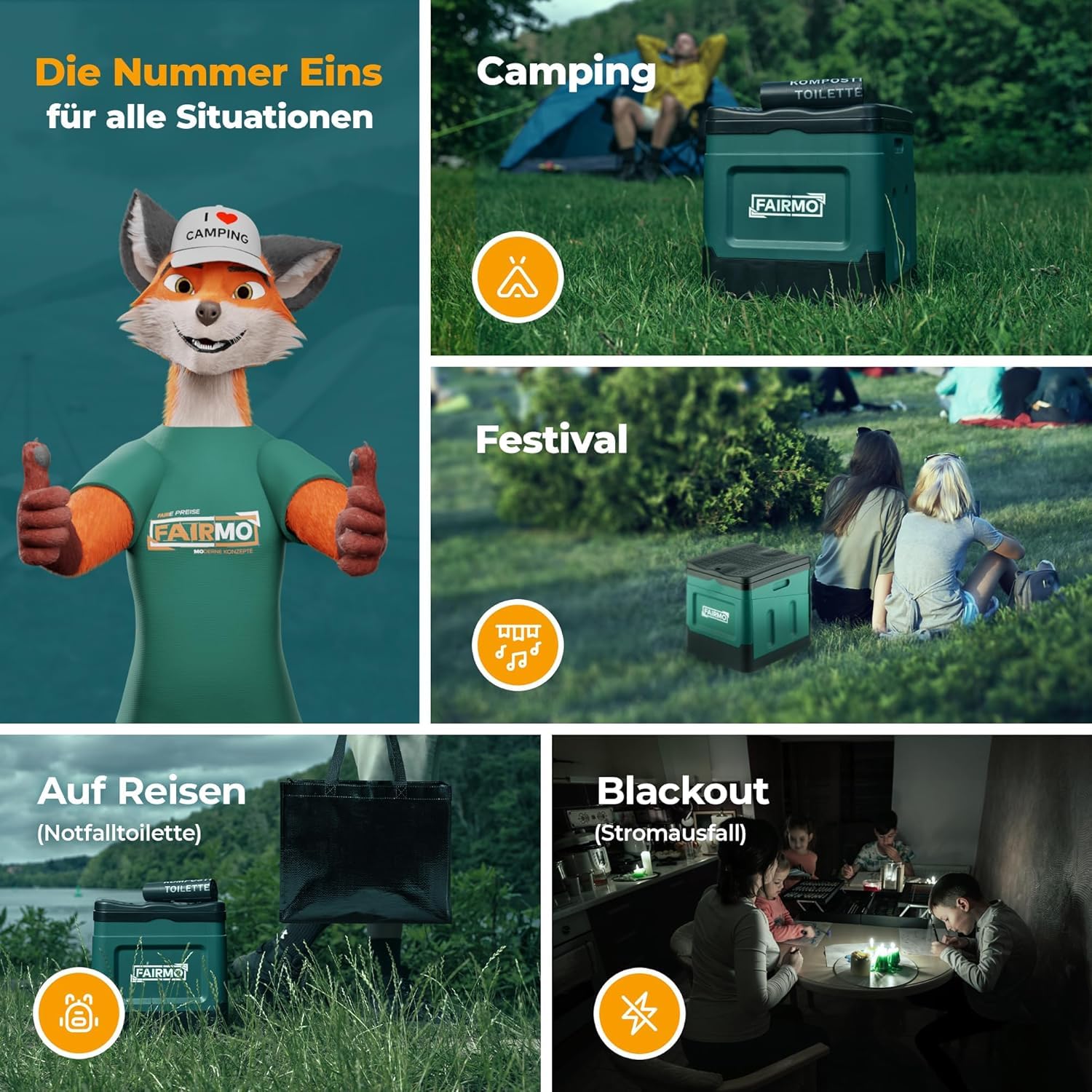 FAIRMO Die kompakte Campingtoilette faltbar - Camping ohne Chemie - Mobile Toilette Campingklo mit Deckel - Unterwegs, Festival, Notfall