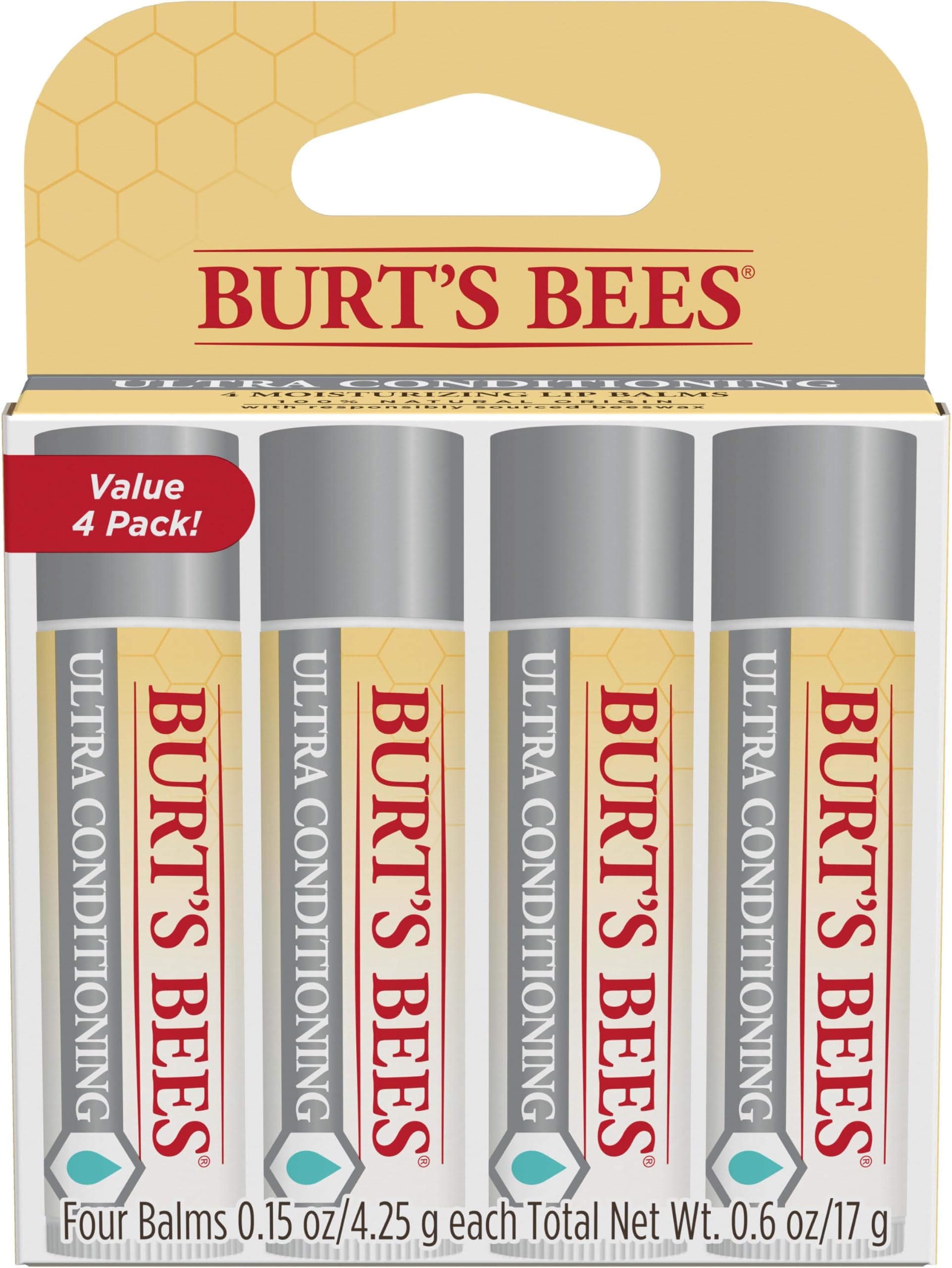 Lip Balm, Moisturizing Lip Care, 100% Natural Origin, Ultra Conditioning with Shea, Cocoa & Kokum Butter (4 Pack)