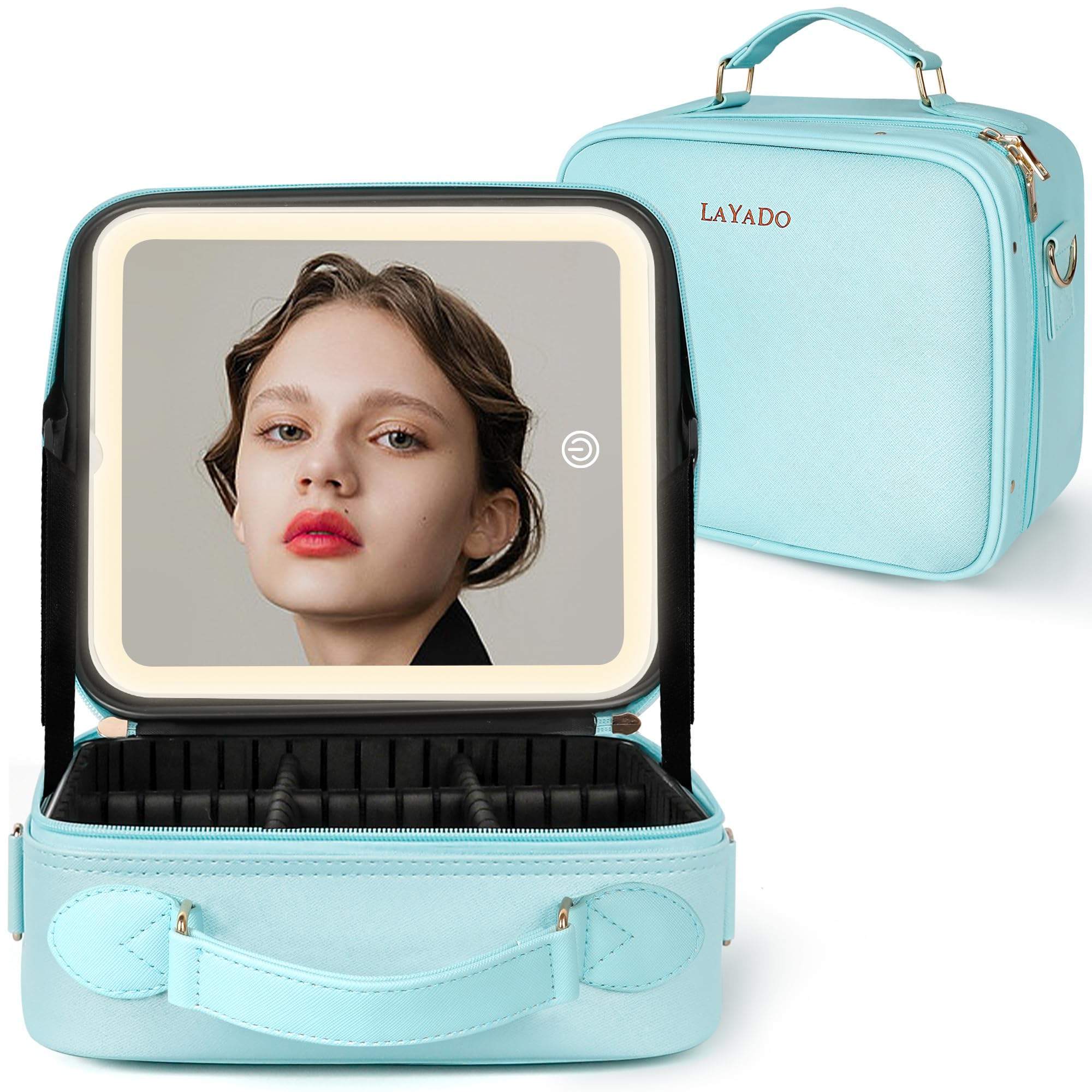 LAYADO Makeup Bag with LED Mirror 3 Colors Modes, Travel Makeup Case, Cosmetic Organizer Bag with Adjustable Dividers Compartment for Women Makeup Tools