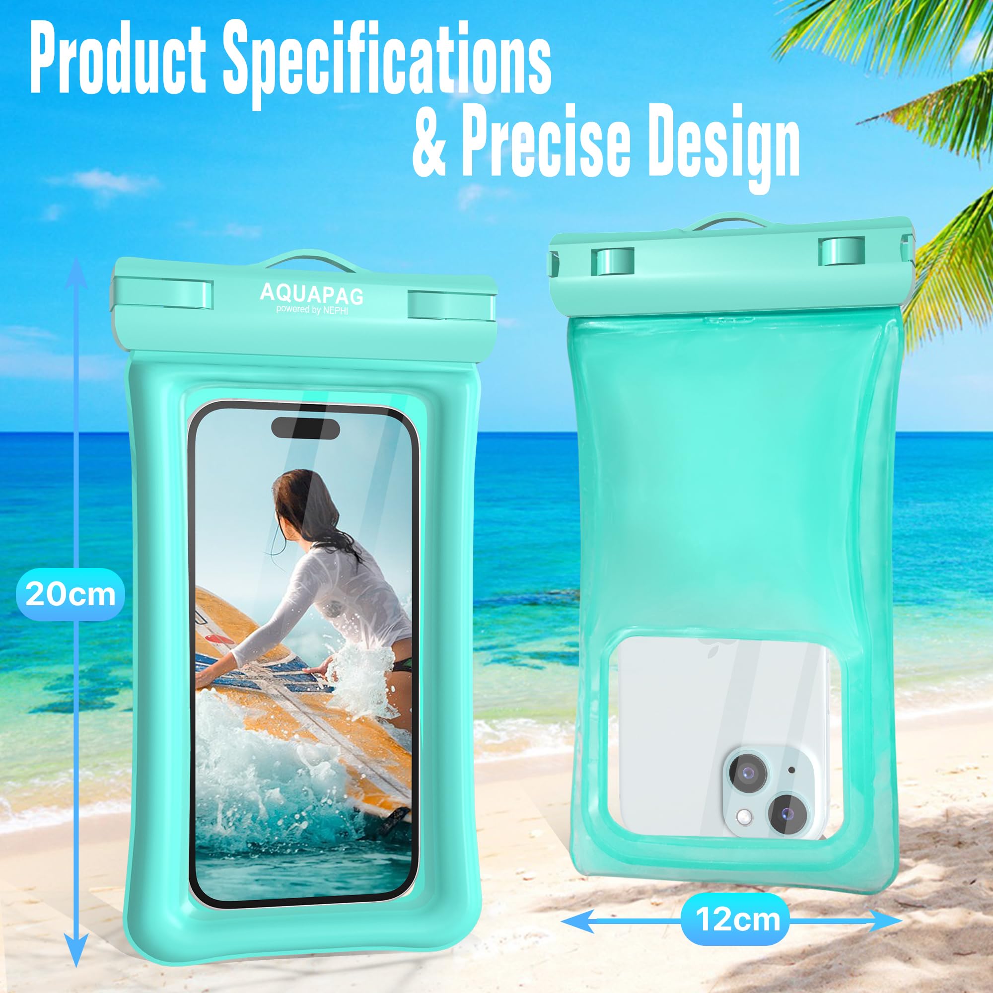 Nephi IP68 Funda Impermeable para teléfono, 2 Piezas, hasta 20 cm, Ajustable con cordón para el Cuello, Funda de teléfono Impermeable Flotante para Vacaciones, Playa, Piscina, artículos Esenciales de
