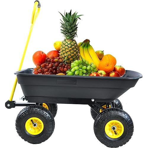 Garden Dump Cart with Steel Frame Outdoor Wagon with 10 Inch Pneumatic Tires, 300lbs Capacity, Black