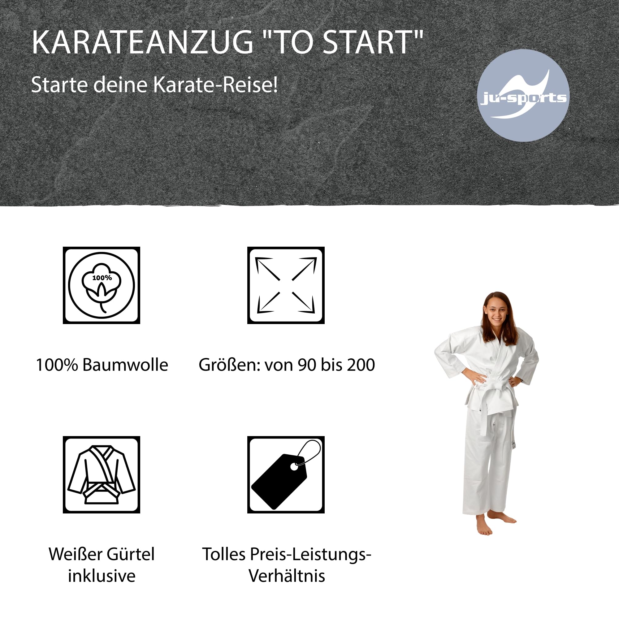 Ju-Sports to start Karateanzug Kinder & Erwachsene weiß - Moderner, besonders leichter Karatekimono 100% Baumwolle, Ideal für Anfänger, Optimale Bewegungsfreiheit