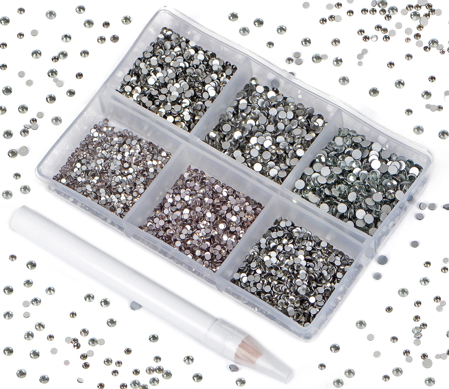 Bymitel 7200 Pieces 6 Mixed Sizes Glue Fix on Glass Rhinestones Round Crystal Gems Flatback for DIY Jewelry Making with one Picking Pen(6-Sizes 7200PCS, Black Diamond)