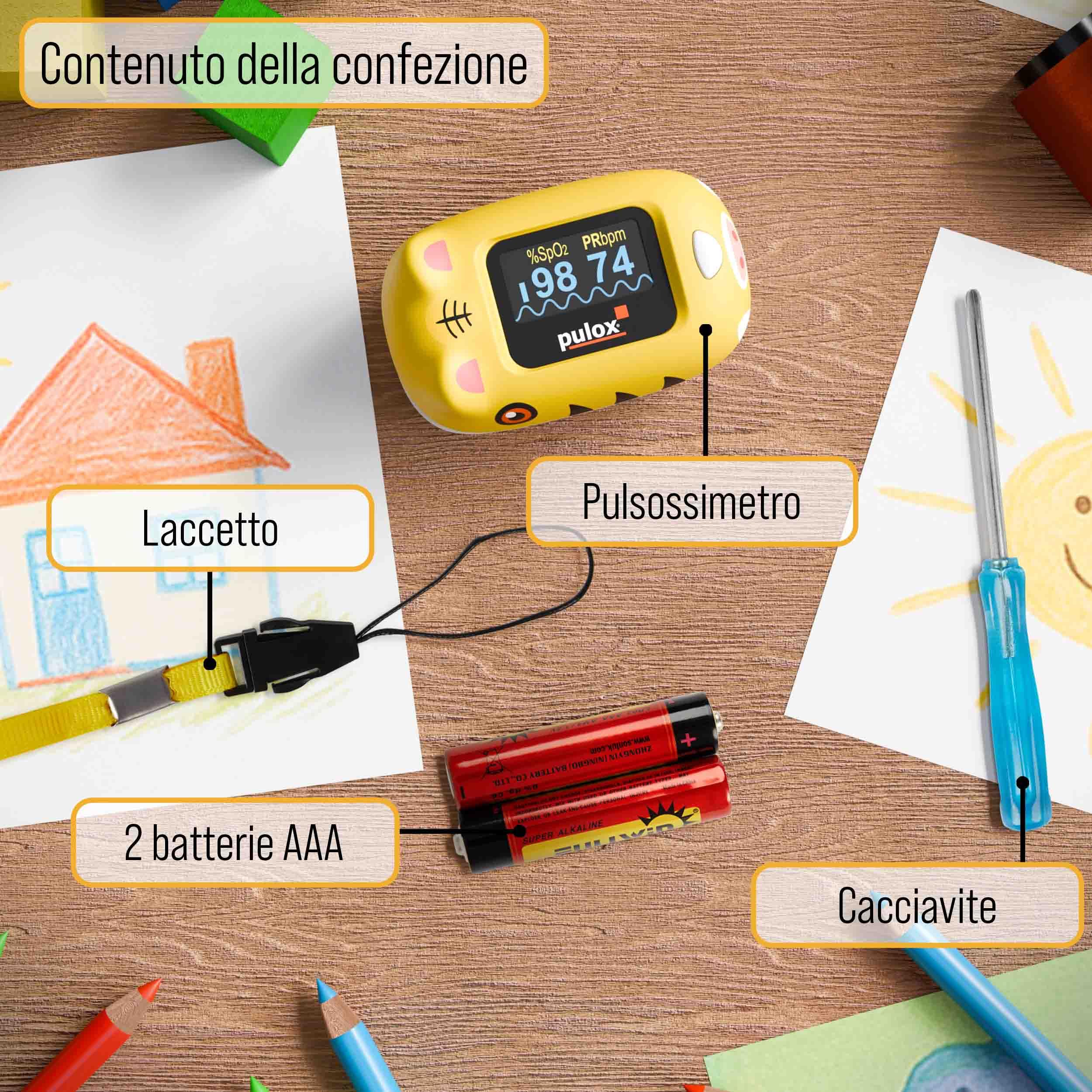 Pulox PO-230 Pulsiossimetro per bambini - In giallo con adesivi - Misurazione della saturazione di ossigeno e della frequenza cardiaca