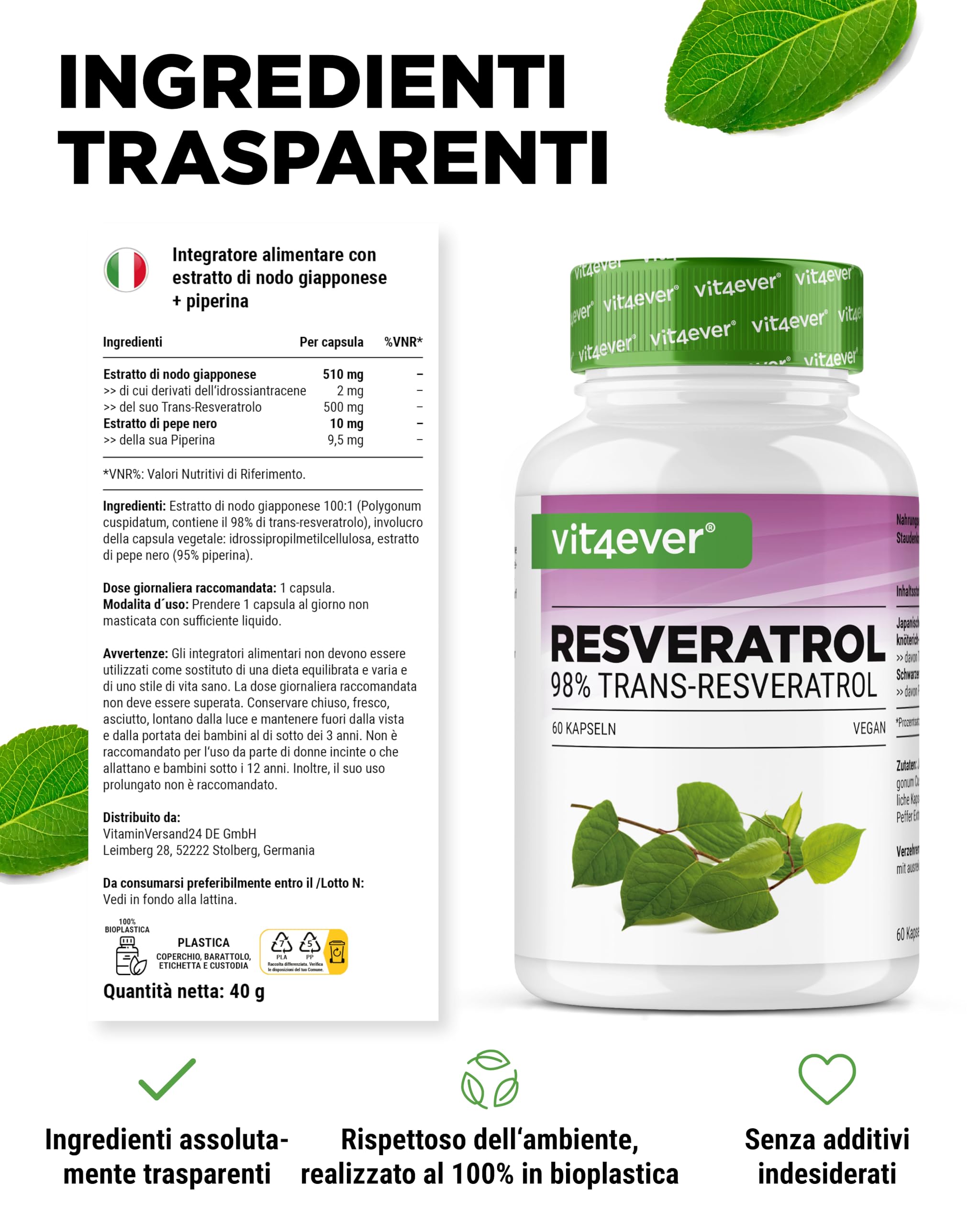 Resveratrolo - 520 mg per capsula - 98% trans-resveratrolo da estratto di radice di nodo giapponese 100:1 + piperina per una biodisponibilità ottimizzata - 60 capsule - ad alto dosaggio - vegano