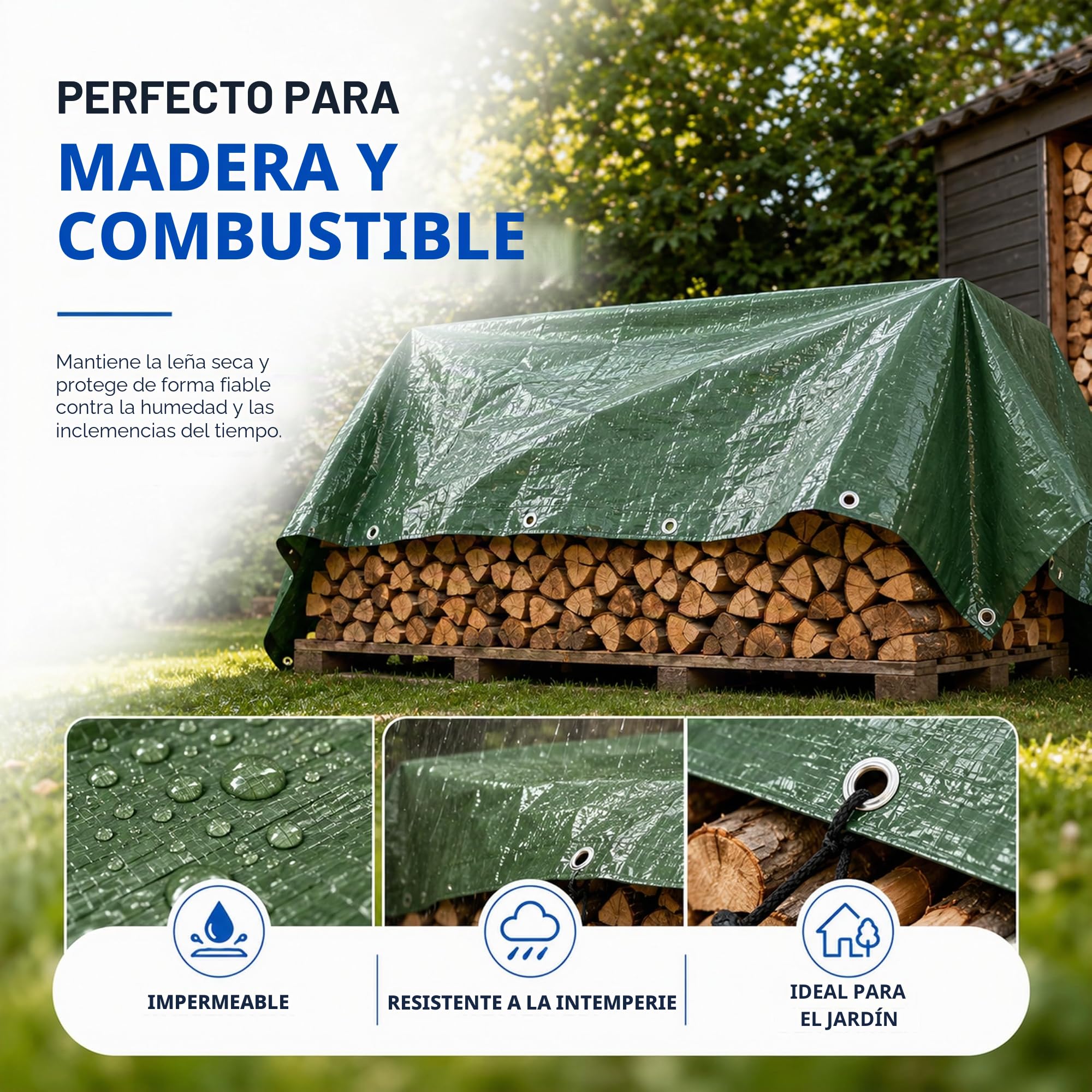 Lona de protección y Lona de 3x4 m, Verde, Lona de jardín y Lona Multiusos Impermeable, 150 g/m², Verde, con Ojales para Base de Tienda de campaña, Lona para Tienda de campaña y Camping