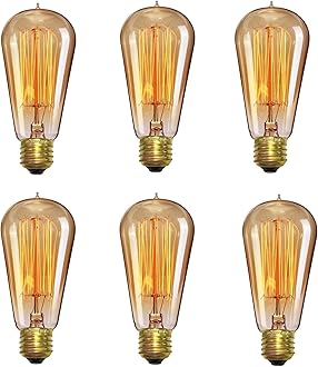 Desidiya Edison Tungsten Filament Antique Glass Light Bulbs Vintage Base E27 Bulb Yellow Light For Home Decoration Living Room/Hall/Balcony/Restaurant Bar Lighting (Pack Of 6), Incandescent
