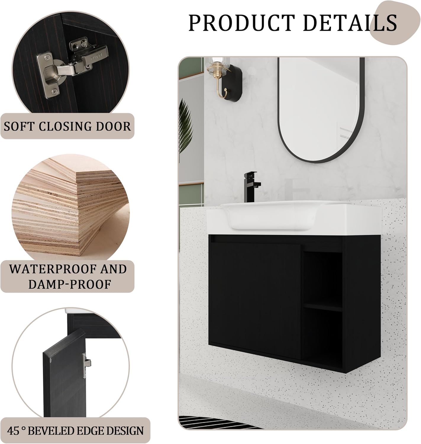 28 Inch Bathroom Vanity with Sink, Floating Bathroom Sink Cabinet, 28 Inch Small Vanity, Ample Storage Space, Easy to Clean Surface, One Door & Two Open Storage compartments, Black