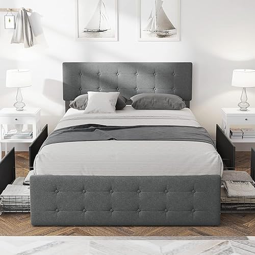 Miniatura 3 de GAOMON Base de cama de tamaño matrimonial con 4 cajones de almacenamiento y cabecero, base de colchón tapizada con plataforma completa, base de