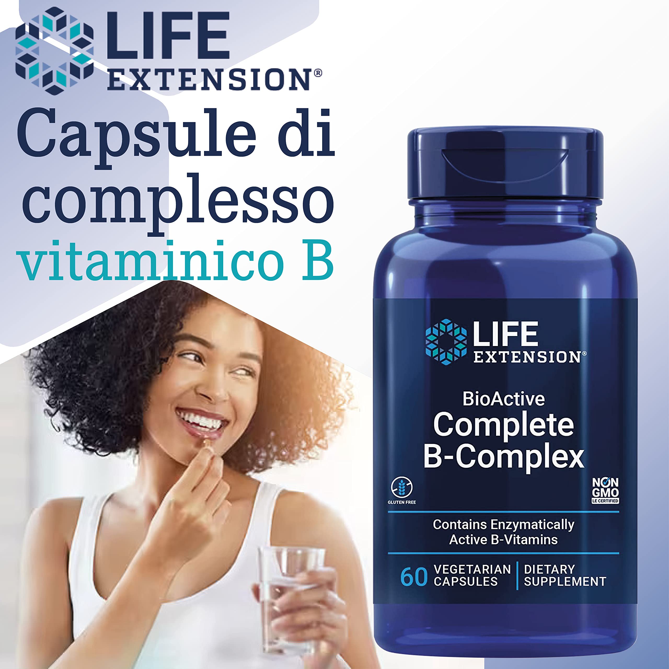 Life Extension, BioActive Complete B-Complex (Complesso Vitaminico B Completo), 60 Capsule vegane, Testato in Laboratorio, Vegetariano, Senza Glutine, Senza Soia, Non OGM