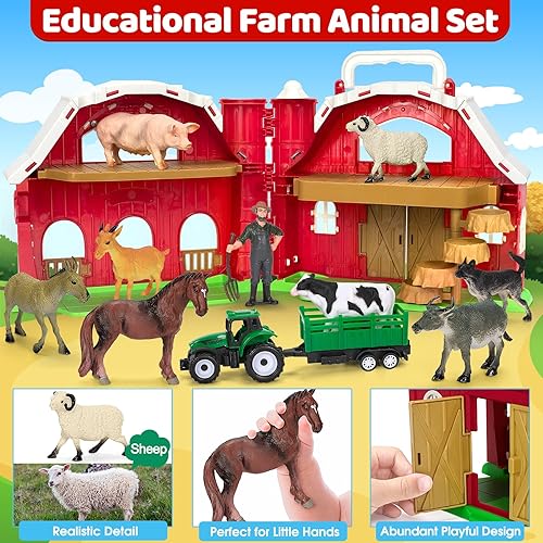 Miniatura 3 de Juguetes de animales de granja para niños de 1, 2, 3, 4 y 5 años, juego de granja grande de granero rojo con figuras de animales y juguete de