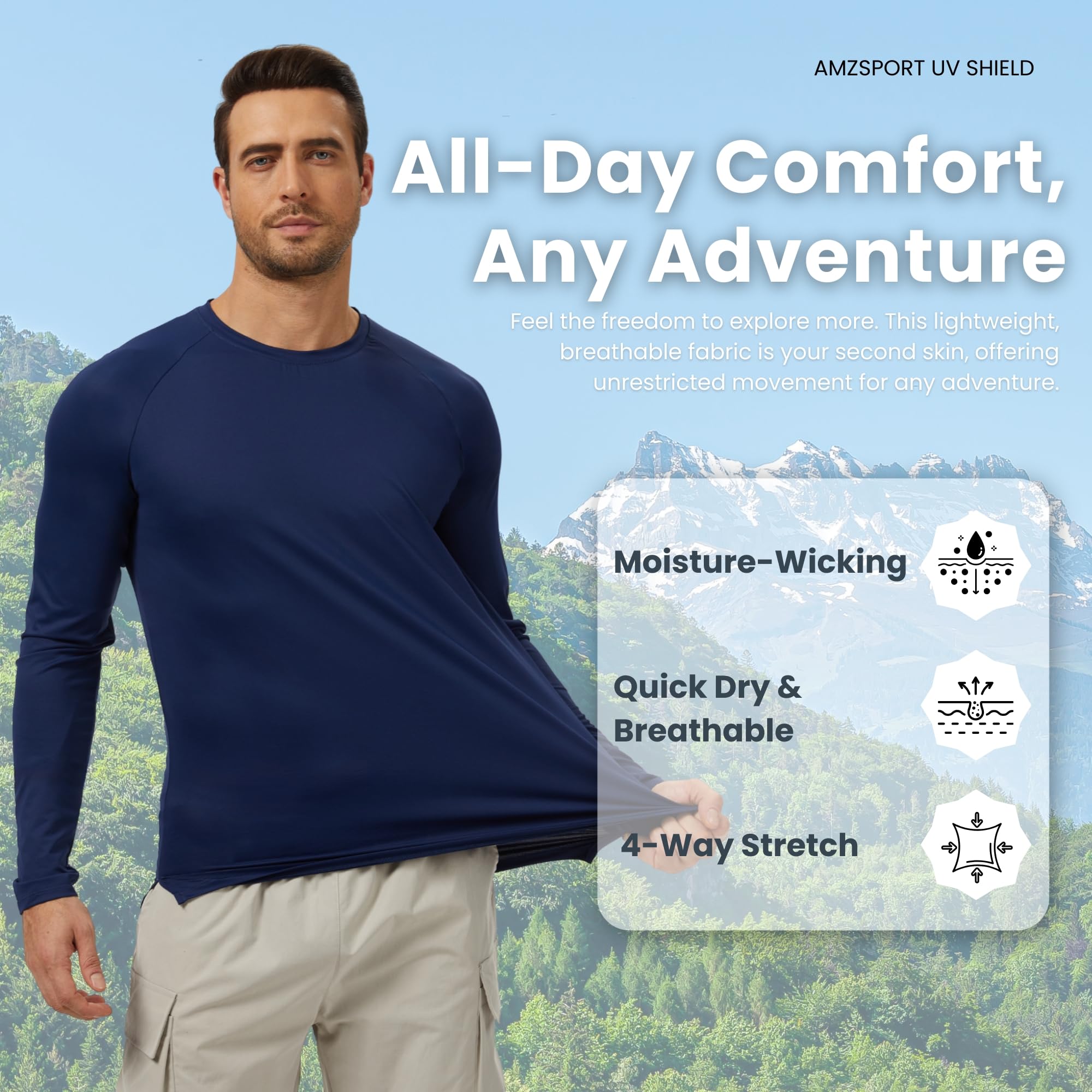 AMZSPORT Lot de 3 T-Shirt Homme Manches Longues Anti-UV UPF 50+ Haut de Sport Respirant à Séchage Rapide pour Course, Randonnée, Outdoor