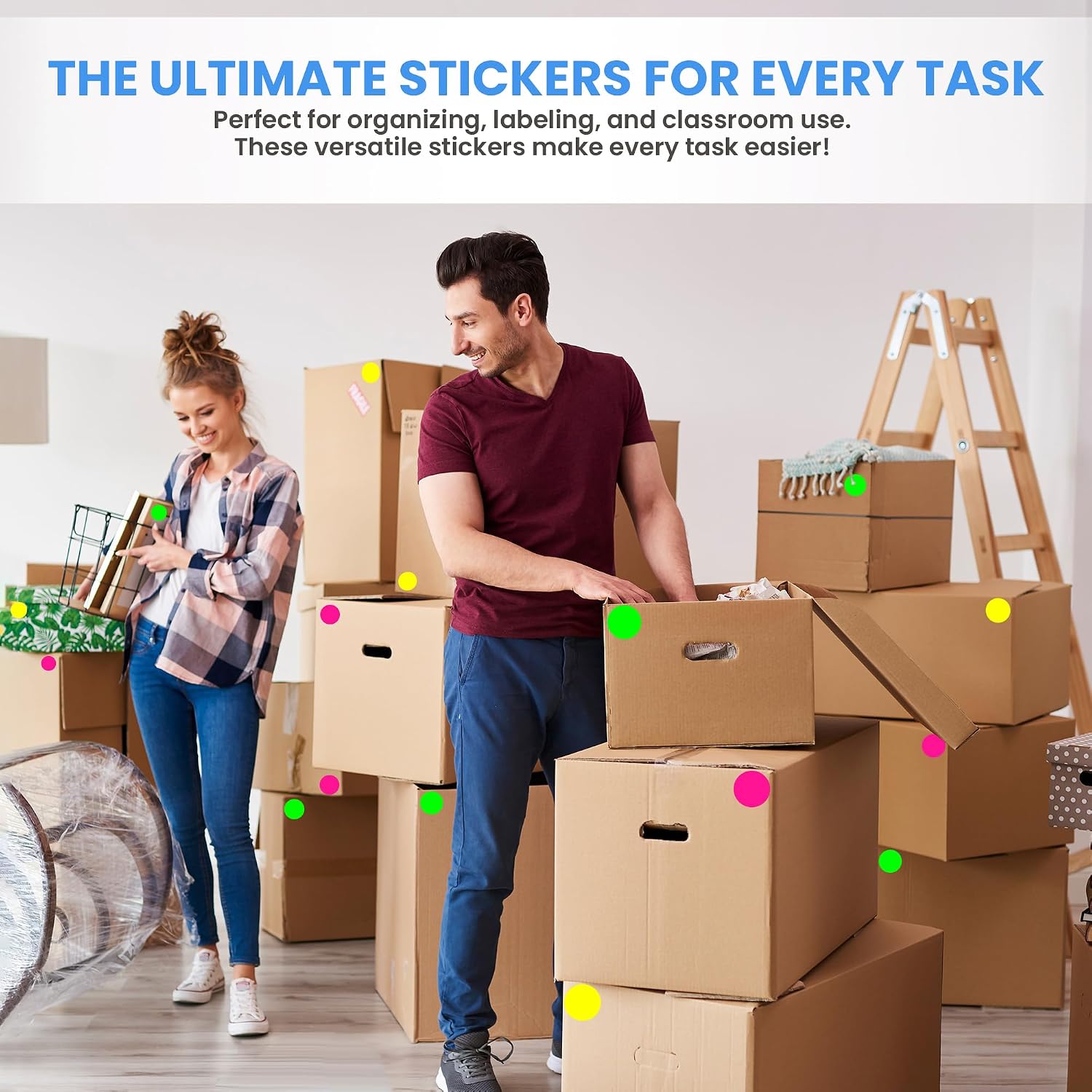 Variety 3-Inch Perco Perforated Round Dot Stickers — Assorted Fluorescent Colors (Green, Yellow, Pink) for Moving Boxes, Sale Signage, Displays & More — Made in USA — 3 Rolls, 1,500 Circle Stickers