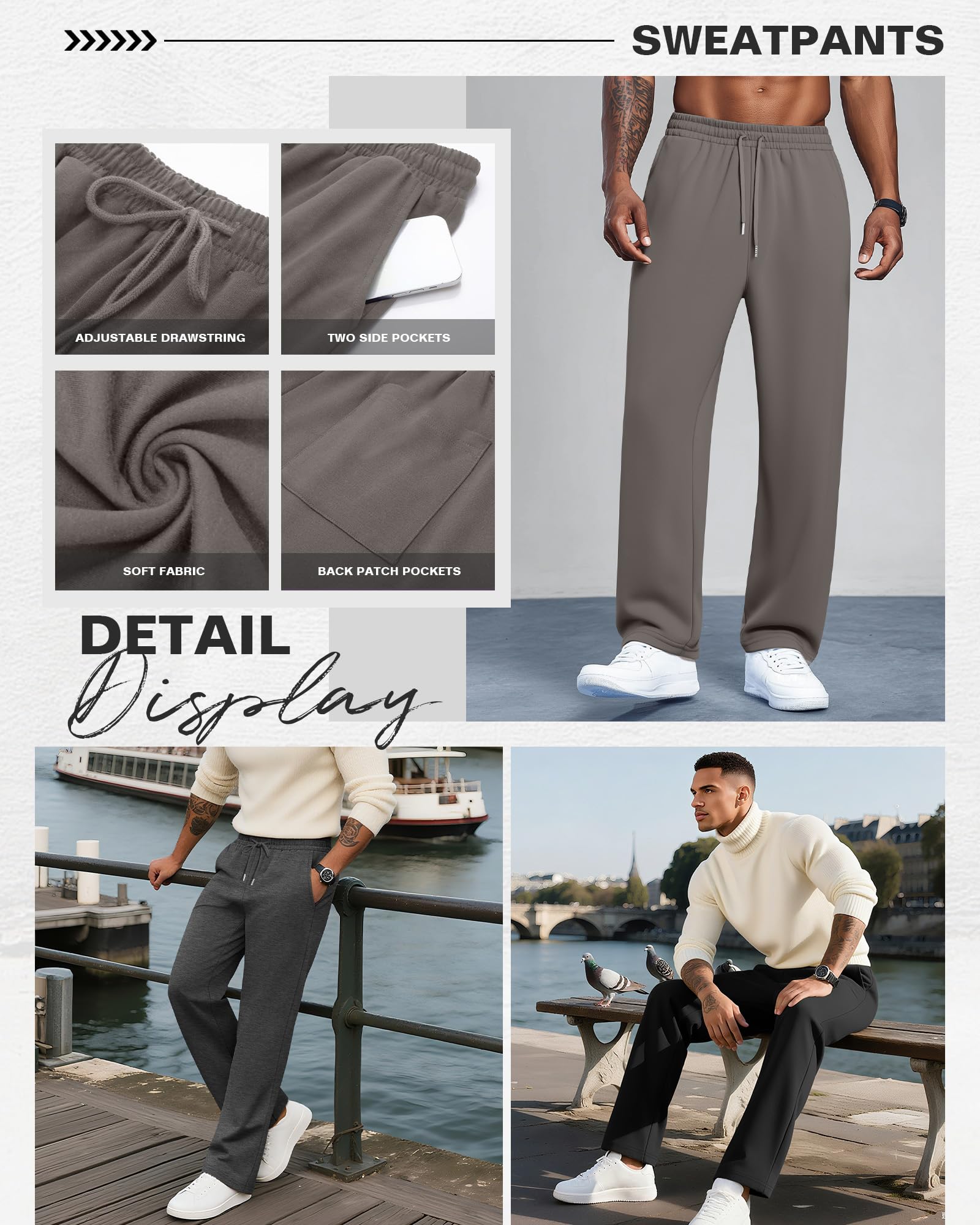 Neer 3 Pantalons de Détente pour Homme, Légers, à Jambes Ouvertes et Coupe Ample, avec Cordon de Serrage et 3 Poches