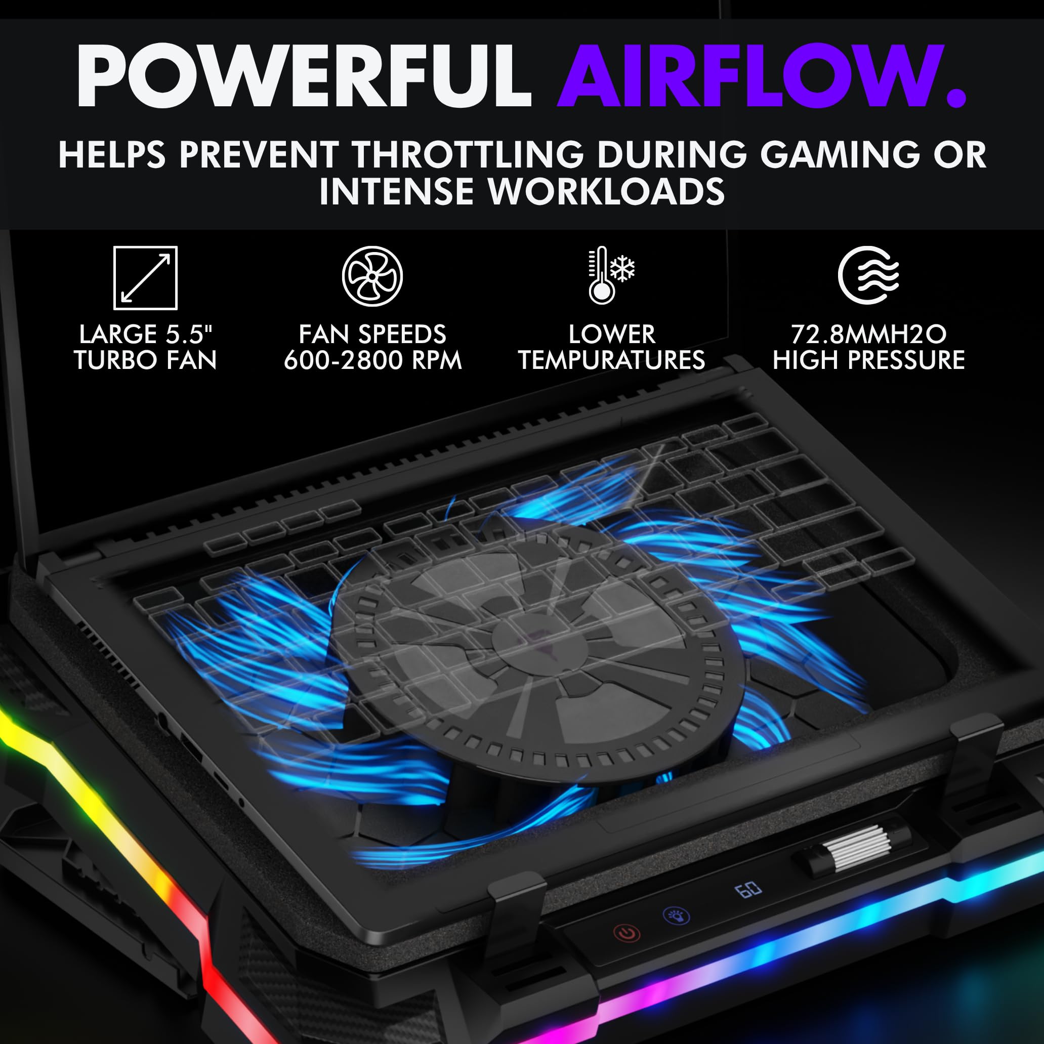Tilted Nation Gaming Laptop Cooling Pad con USB Hub - Aumenta le prestazioni, Rimani comodo - Supporto RGB per laptop con altezza regolabile e velocità della ventola, RGB, hub USB (C + A), per laptop