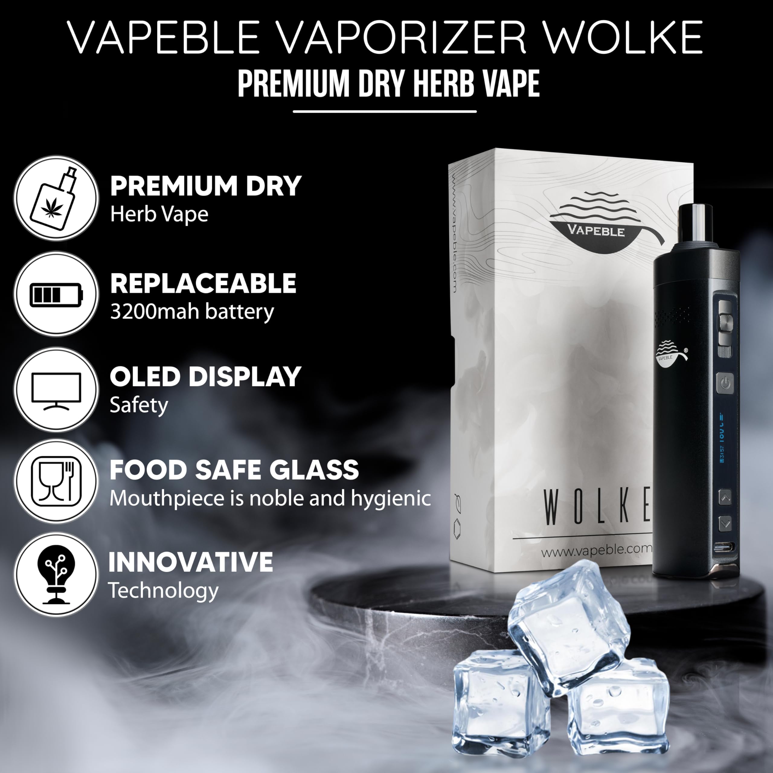 Vaporizzatore Wolke V2, Dry Herb Vaporizer Batteria sostituibile da 3200 mah, display OLED Controllo della temperatura continuo - Vaporizza erbe, resine, oli
