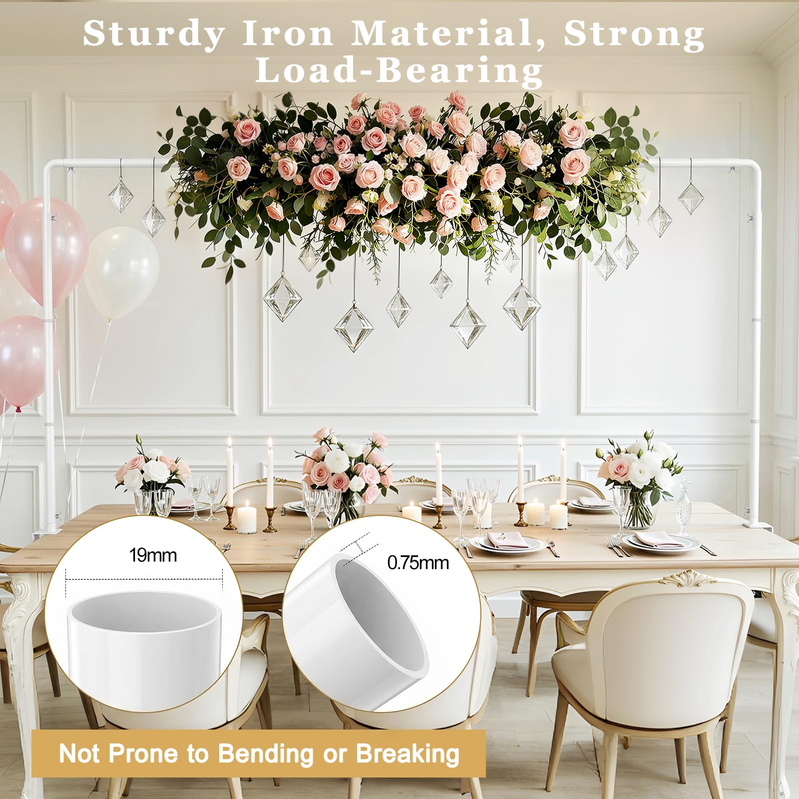 Lewondr Soporte Ajustable sobre la Mesa con Abrazaderas, Altura 87-127-167 CM, Longitud 88-287 CM, Soporte Arco de Globos de Mesa para Bodas y Cumpleaños, Blanca Decoración Colgante para Mesa