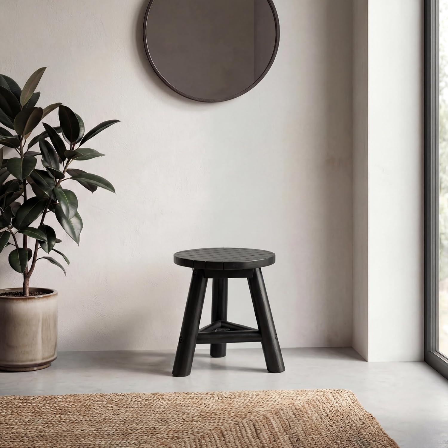 JONATHAN Y Finesse 14" Handcrafted Solid Teak Wood Accent Stool, Rustic Round Backless Step Stool for Living Room, Black Side Table, Holds up to 275 lbs STL3008B