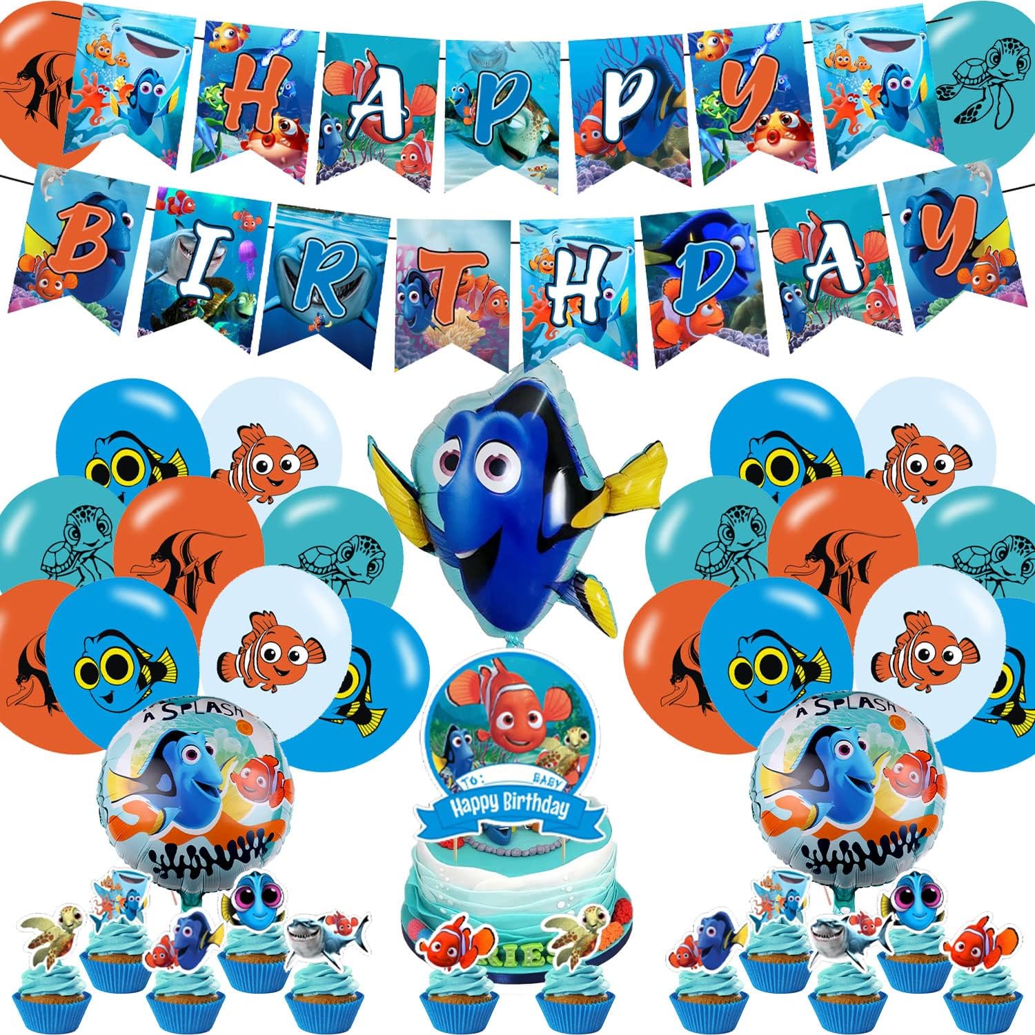 Finding Nemo Party Decorations,Birthday Party Supplies For Finding Nemo Party Supplies Includes Banner - Cake Topper - 12 Cupcake Toppers - 20 Balloons - 3 Finding Nemo Foil Ballon