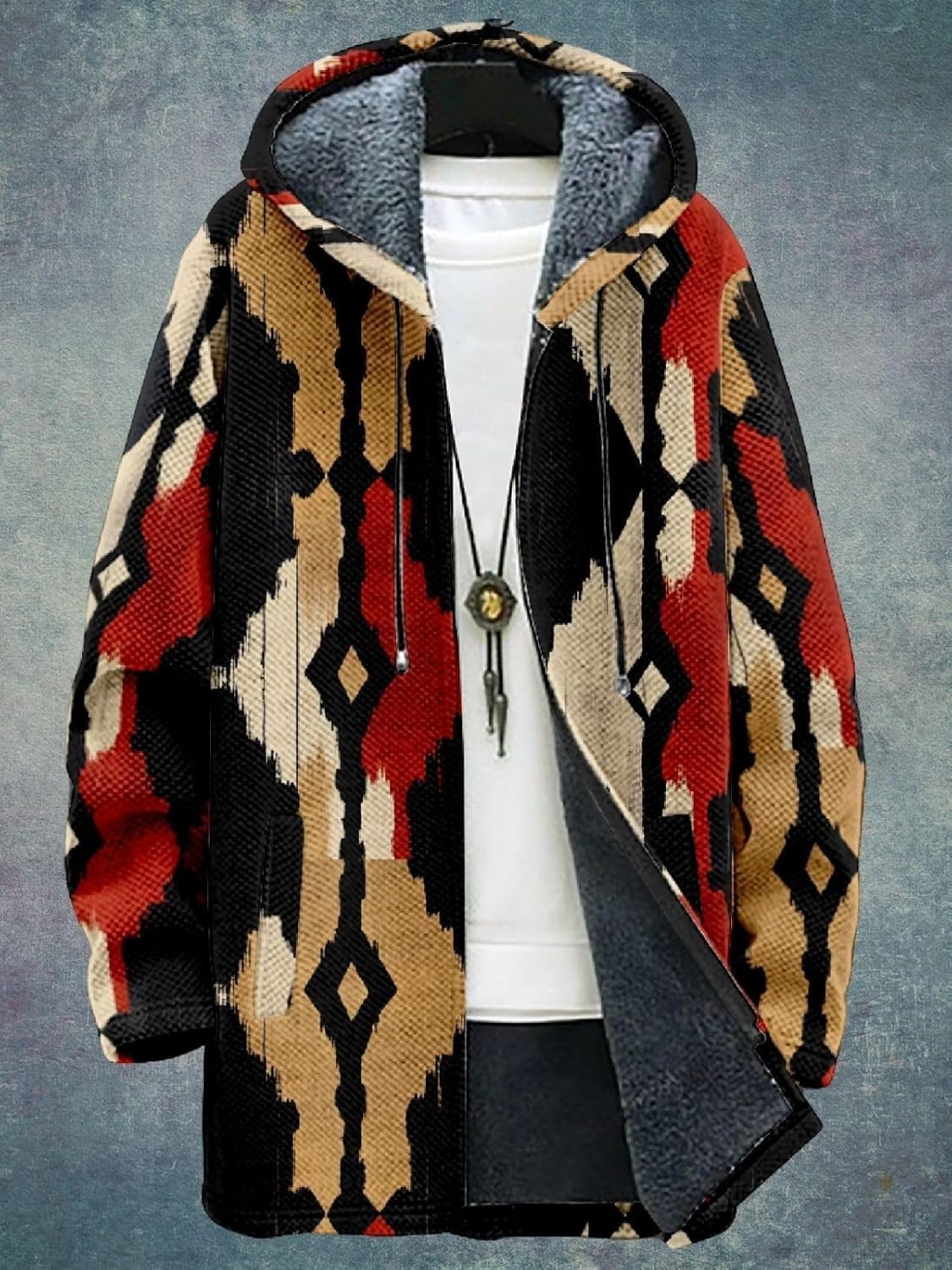 2025 Men's Ethnic Pattern Hooded Jacket Long Cardigan Hoodies Full Zip Vintage Knitted Zipper Coat with Pocket - Image 5