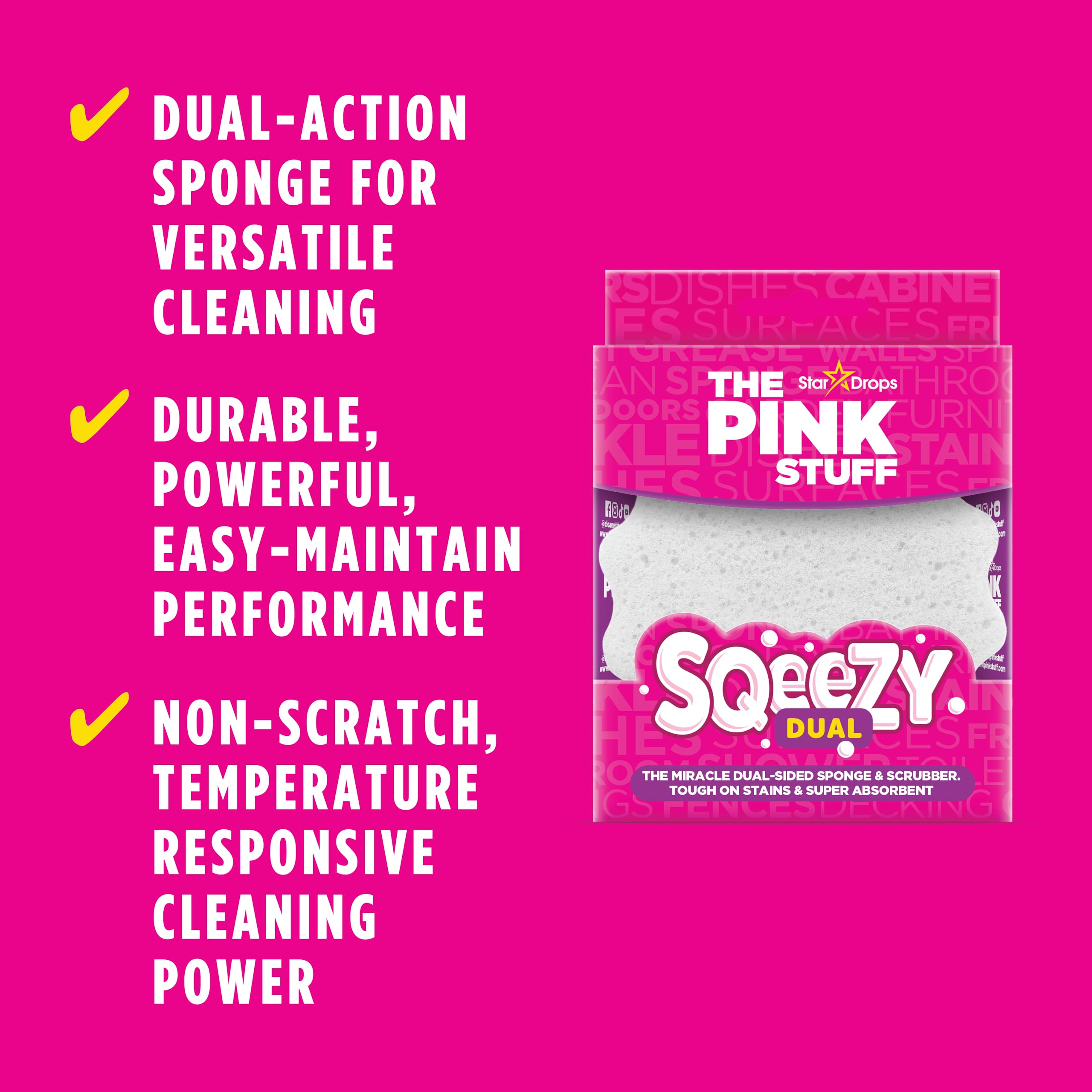 The Pink Stuff SQeeZY Dual Sided Scrubber Sponge - Scratch Free Solution for Ultimate Home Cleaning, Kitchens, Bathrooms, Oven, Outdoor use and more - 3