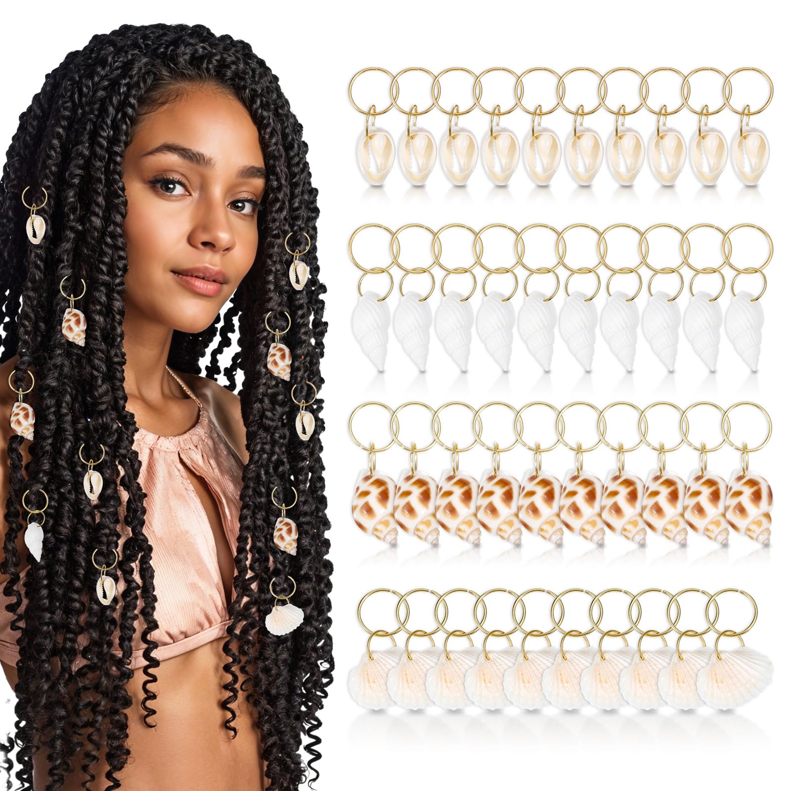 Tyqour 40PCS Seashell Hair Clip & Hair Rings for Braids, Loc Jewelry for Black Women, Beach Seashell Hair Accessories