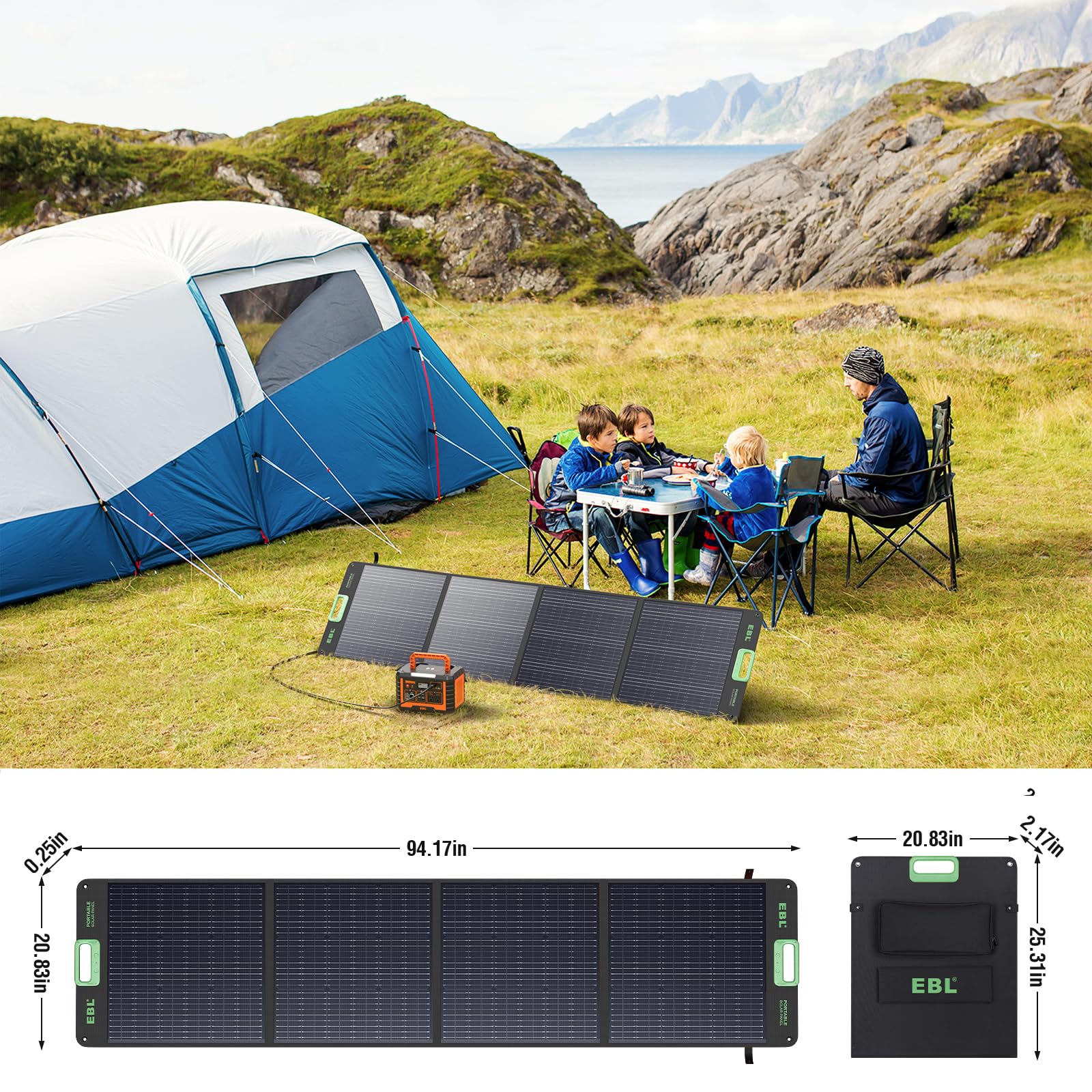 EBL Panel solar portátil de 200 W de alta eficiencia | Para RV, camping, marina, aplicaciones fuera de la red, solución de carga solar resistente a la intemperie