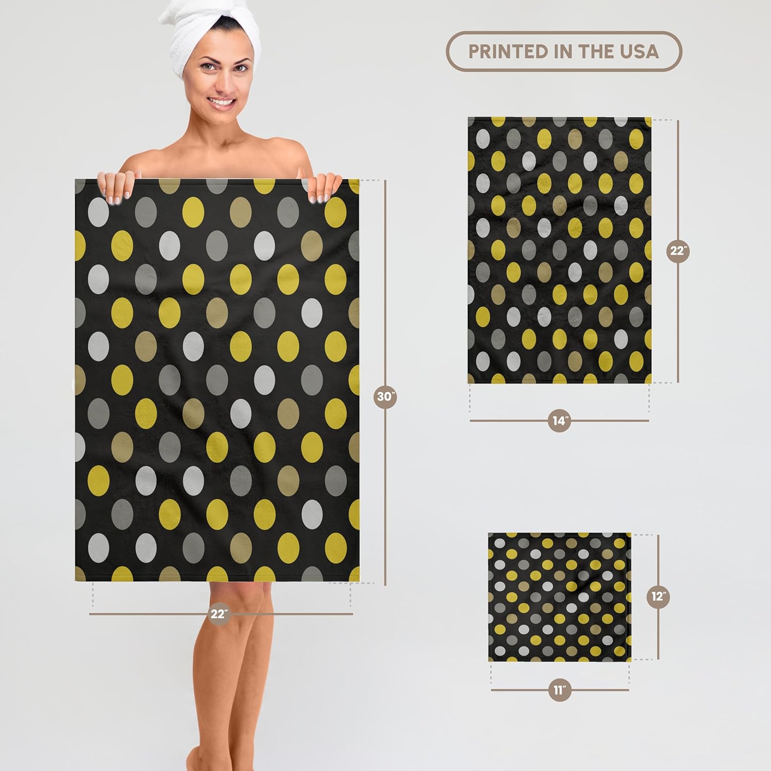 3dRose Yellow and Gray Dots On A Black Background 22x30 Bath Hand Pool Towel