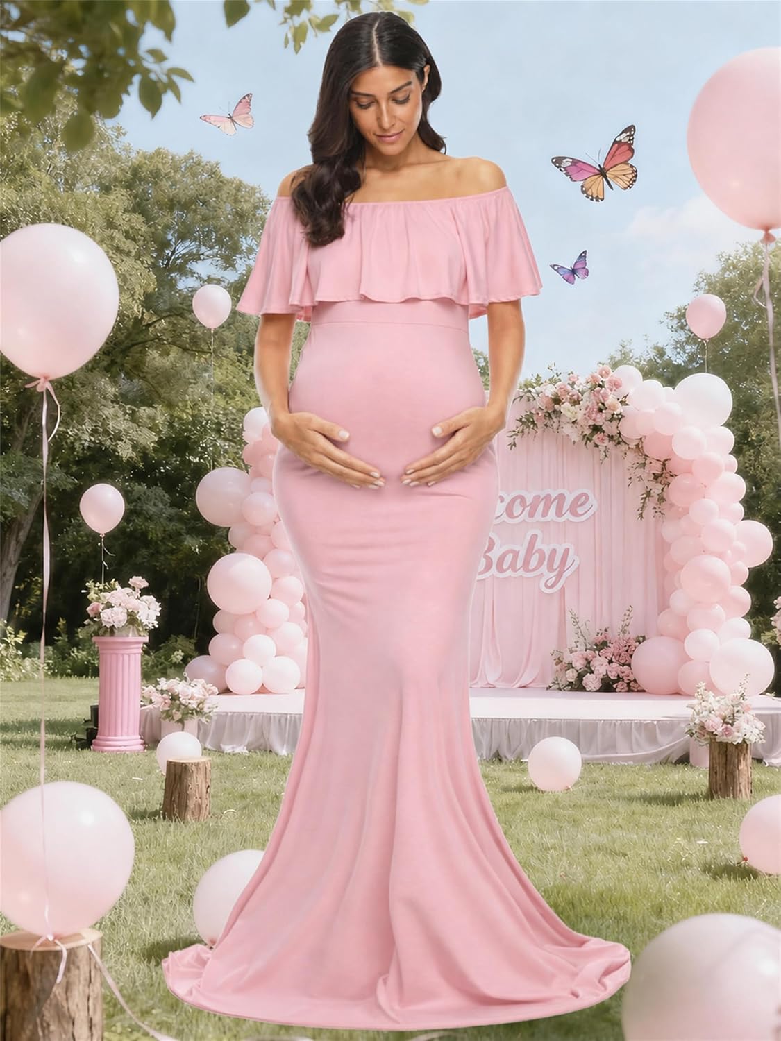 Condition photo showing As Is for glampunch off shoulder maternity dress for photoshoot,baby shower dress | soft, stretchy fabric,ruffles,elegant slim gowns,fit maxi photography dress,flowy maxi length large a-pink