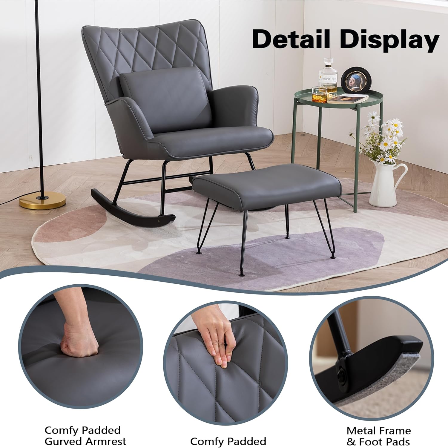 Bonrcea Nursery Rocking Chair, Glider Chair,Rocking Accent Chair with Lumbar Pillow and Ottoman for Nursery/Living Room/Bedroom