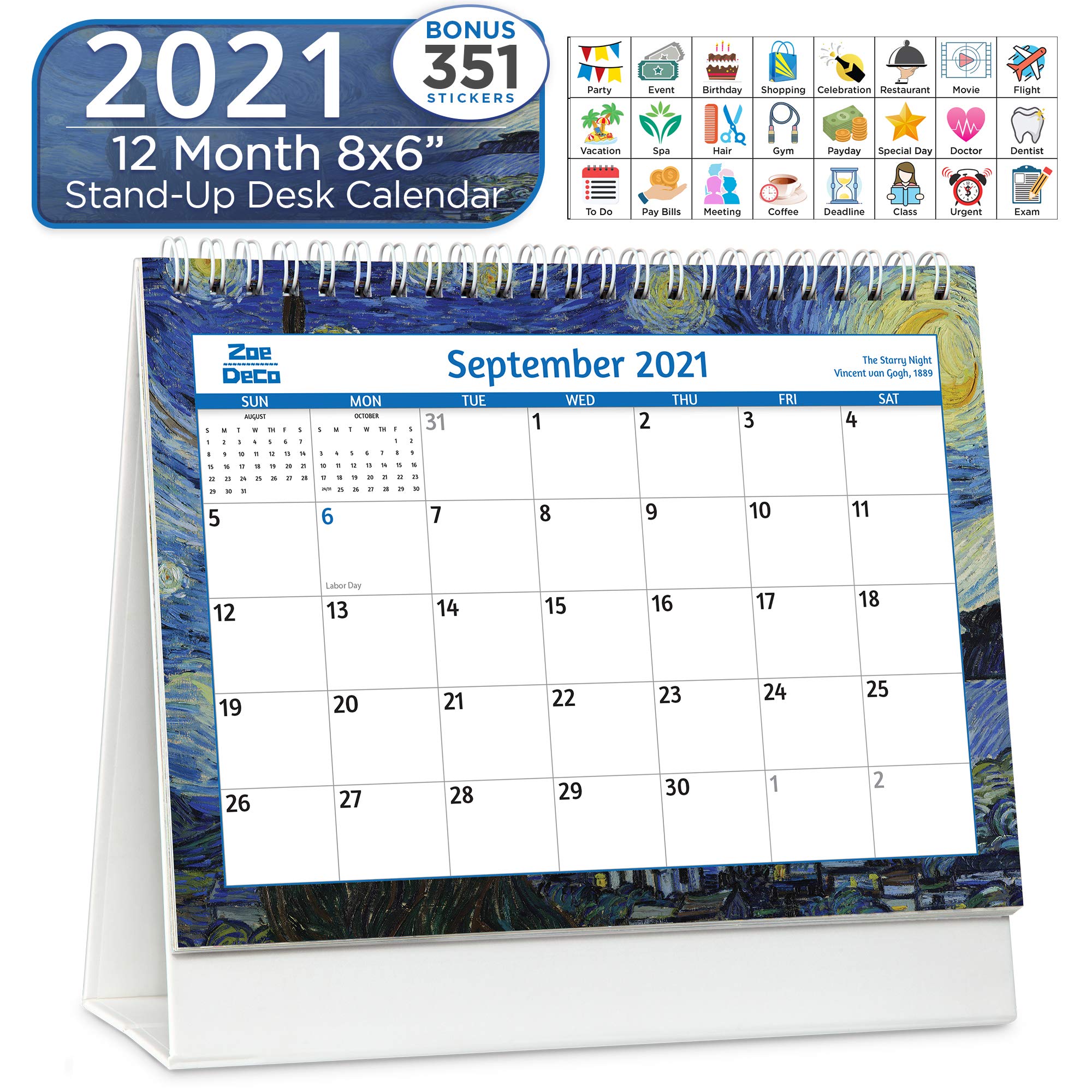 Zoe Deco 8x6 Inch 18-Month Standing Desk Calendar, Jul 2023 - Dec 2024 Tent Style Flip Calendar, Impressionist Masters