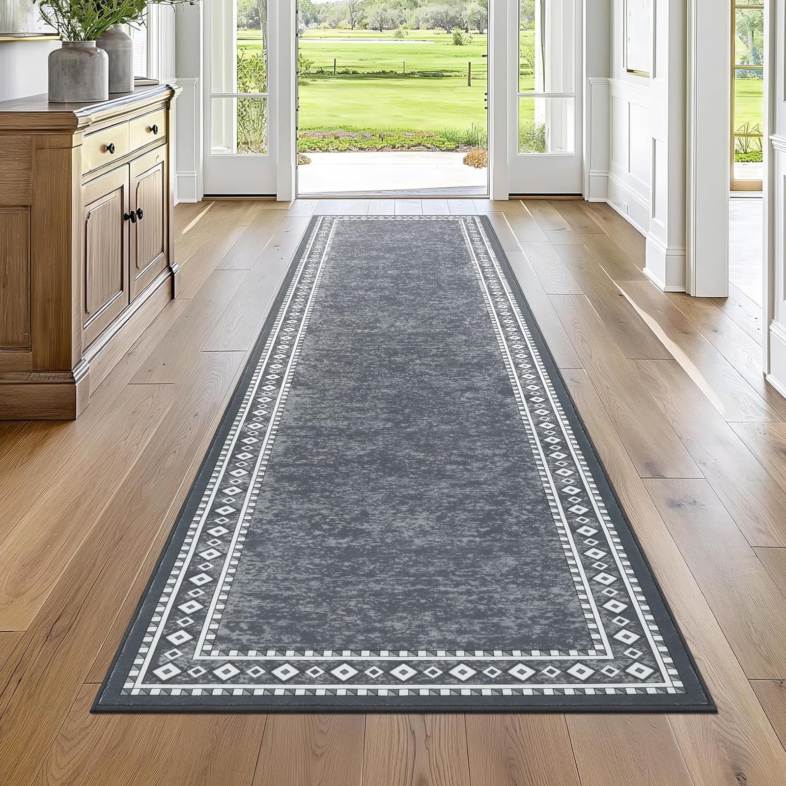 Enyhom Lang Teppich Läufer 66 x 240 cm Waschbar rutschfest Läufer Flur Teppich Küchenläufer dauerhaft Eingangstürmatte Teppich für Haustür, Flur, Eingang, Küche, Schlafzimmer (Grau)