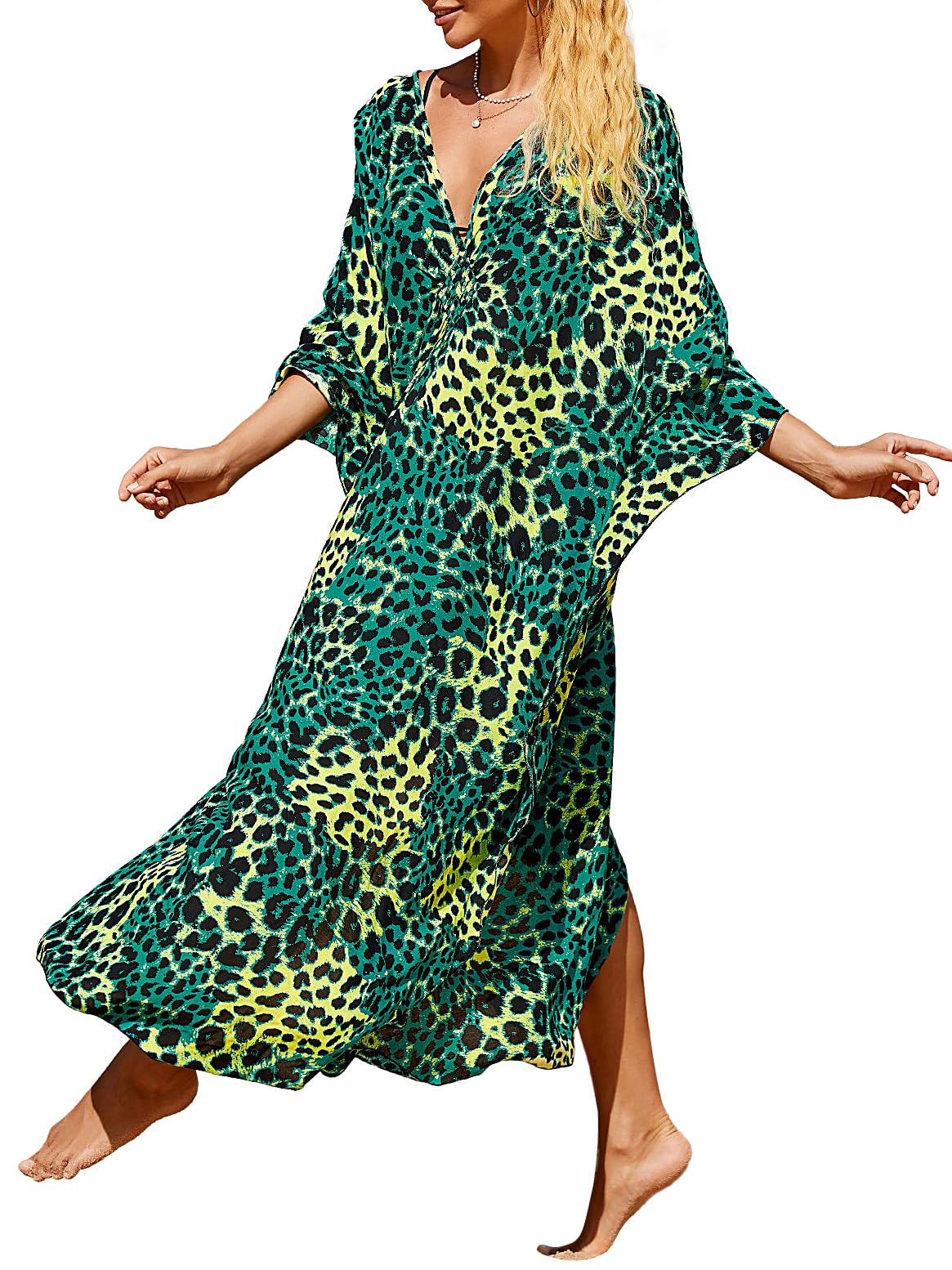cthseie Women Animal Print Kaftan Dresses Plus Size Swimsuit Coverup Summer Bathing Suit Caftan Loungewear Beach Dress