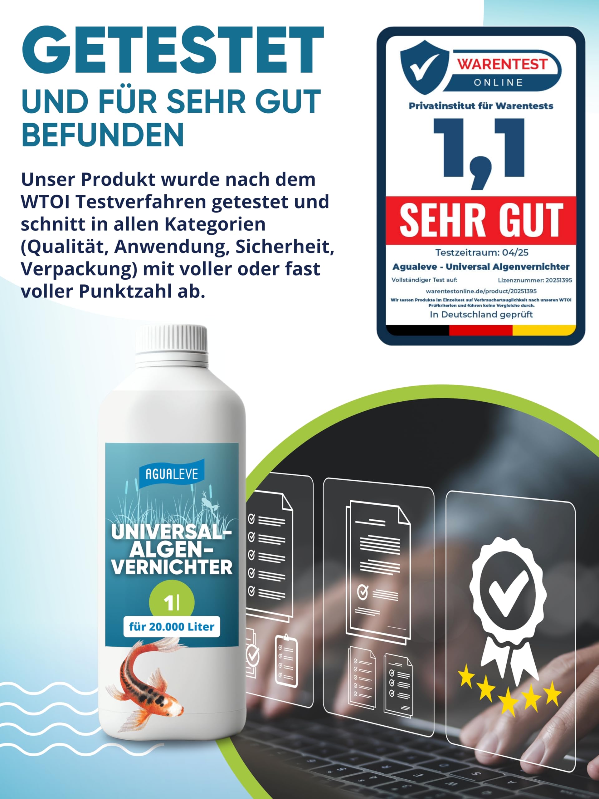 AGUALEVE® Universal-Algenvernichter 1l *NEU* | effektiv gegen alle Arten von Teichalgen mit innovativer Solar-Guard-Formel | Fisch-, Garten- & Schwimmteiche | Made in Germany | 20.000l Teichwasser