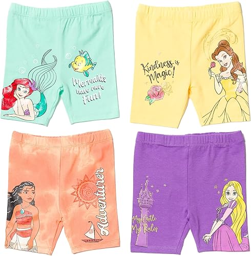 Disney Princess Ariel Belle Rapunzel Moana - Paquete de 4 pantalones cortos de ciclismo para niñas pequeñas y grandes