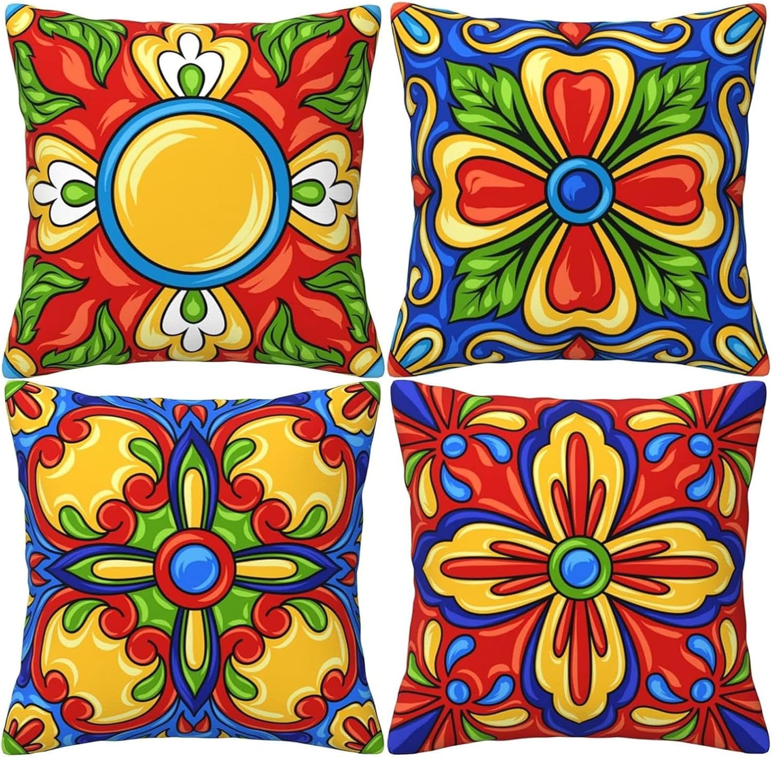 Spanish Throw Pillow Covers 18x18 inch Set of 4 Colorful Mexican Pillow Cases Boho Ethnic Decorative Cushion Covers for Bed Couch Living Room