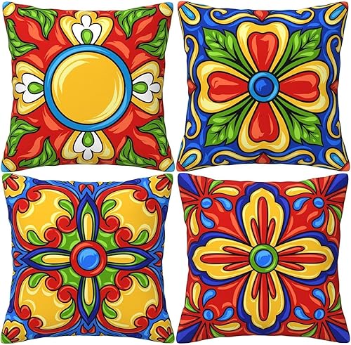 LOHDALOLF Juego de 4 fundas de almohada mexicanas de 18 x 18 pulgadas, fundas de almohada florales españolas coloridas étnicas decorativas para
