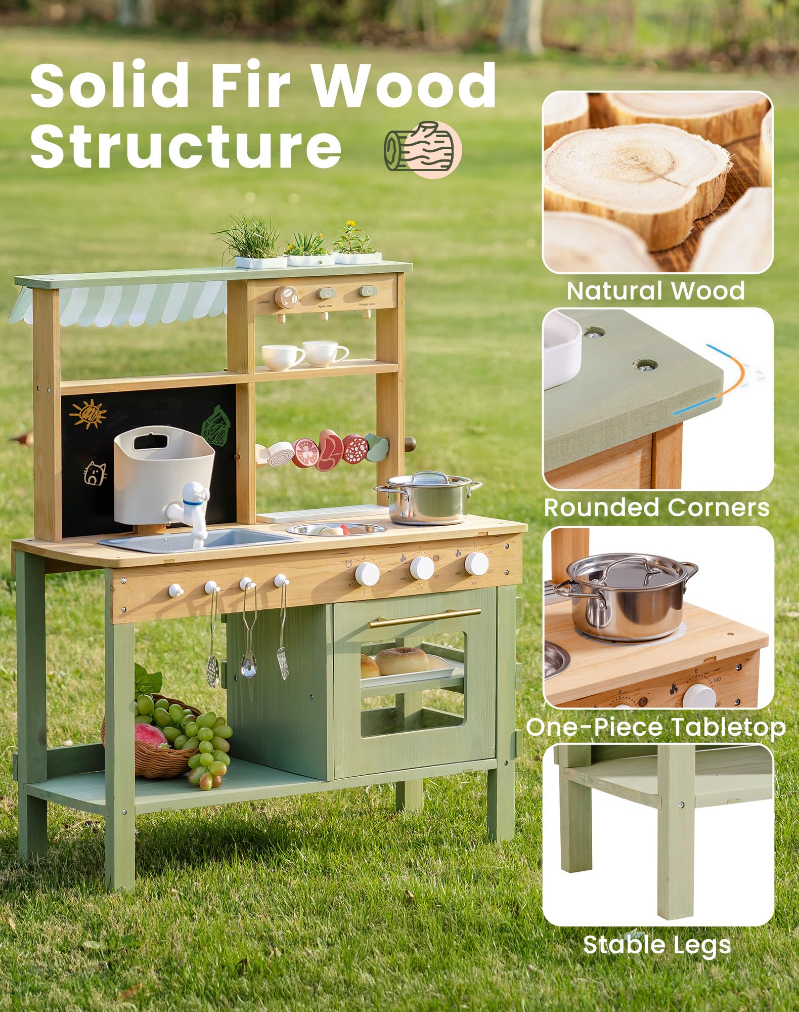 ROBOTIME Set da Cucina in Legno per Bambini, Cucina Esterna Deluxe con Rubinetto Funzionante, Lavagna, BBQ, Ampio Spazio di Stoccaggio, Lavandino da Giardino e Accessori da Cucina, Gioco di Ruolo per