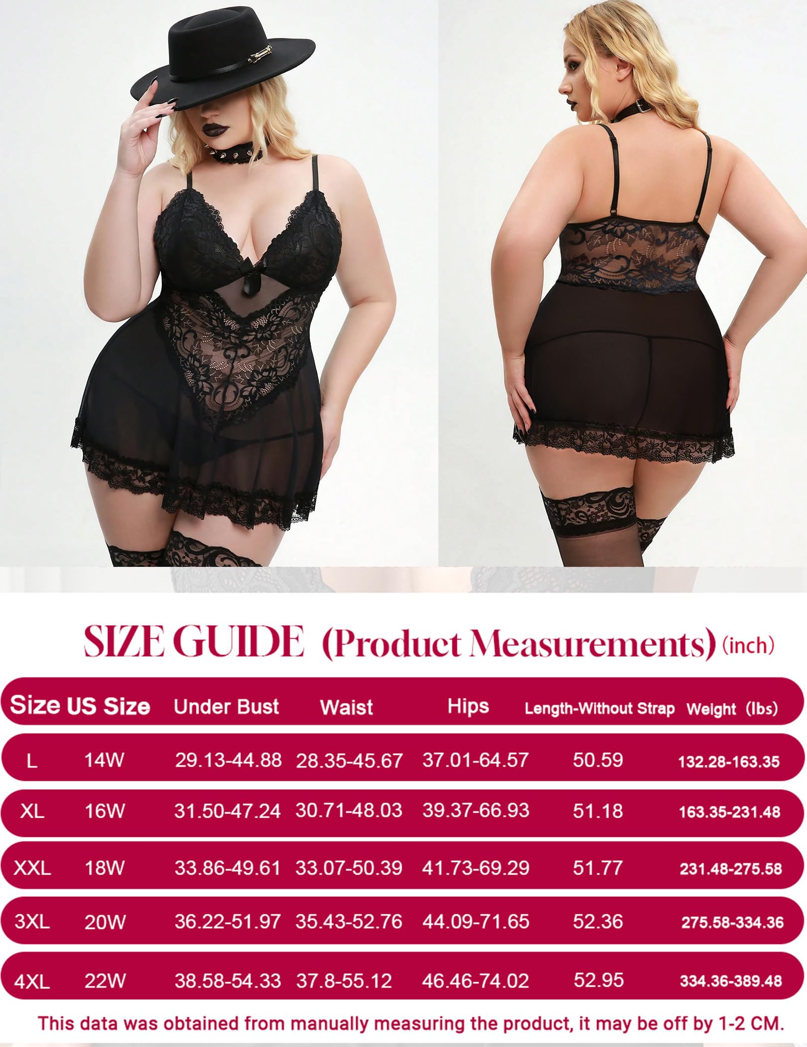 Alrovetoney Women Plus Size Babydoll Lingerie Lace Chemise Mesh Sleepwear Strappy Sexy Nightgown Boudoir Outfit L-4XL: Black Large