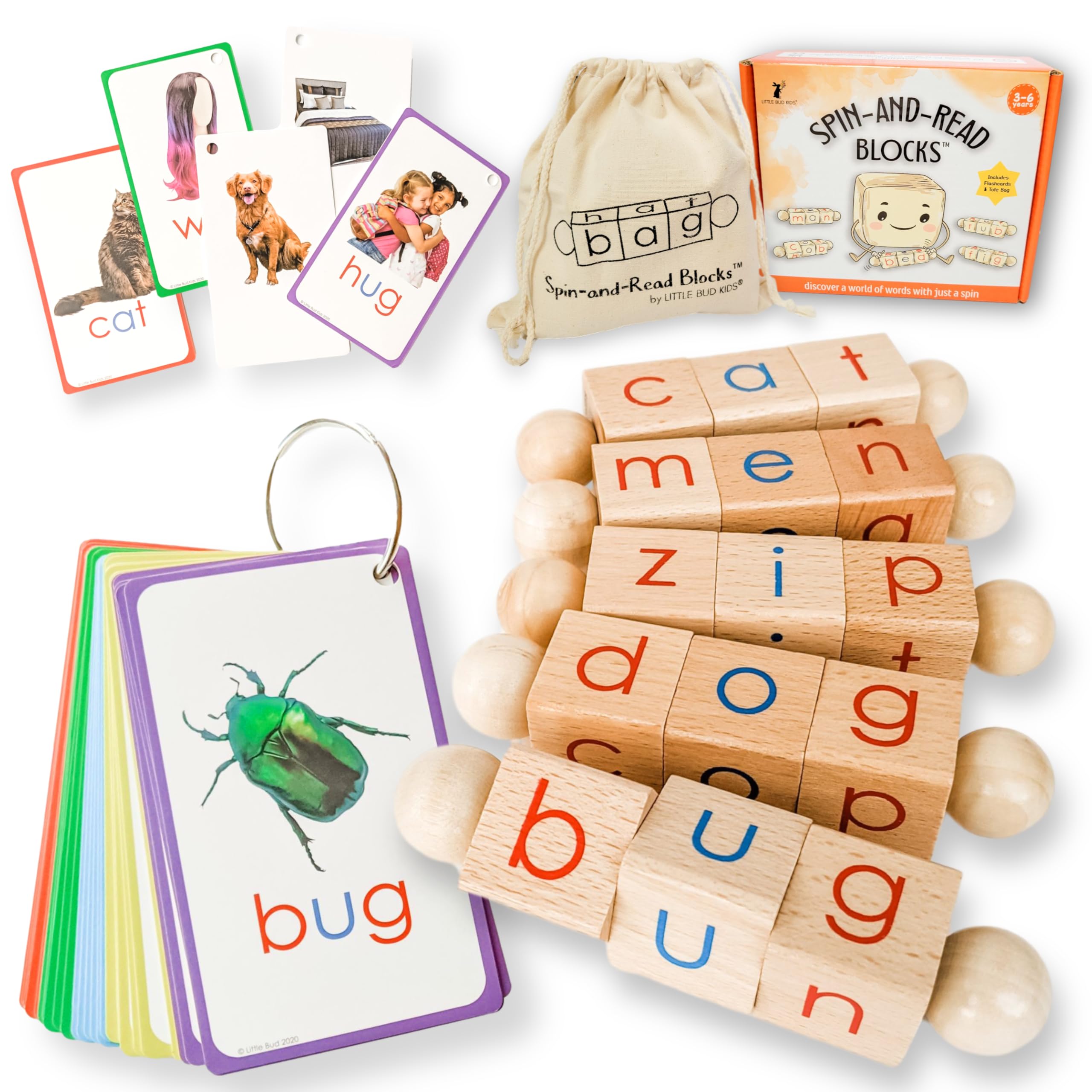 LITTLE BUD KIDS Spin-and-Read Montessori Phonetic Reading Blocks with CVC Phonics Flashcards for Beginner Readers, Montessori Reading Wooden Toys for 3 Years +