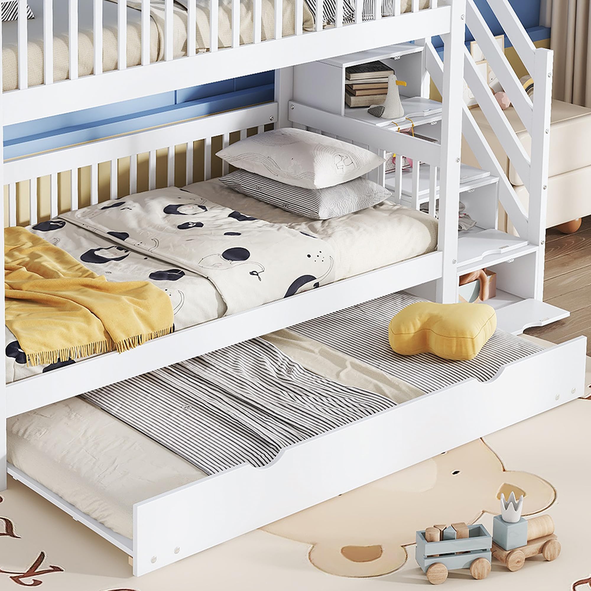 Rtopsu Letto per Bambini a Castello 90x200 cm con LettoEstraibile e Contenitore, Letto a Soppalco con Scala per 2-3 Ragazzi, Rete a Doghe in Legno, Bianco, Senza Materasso