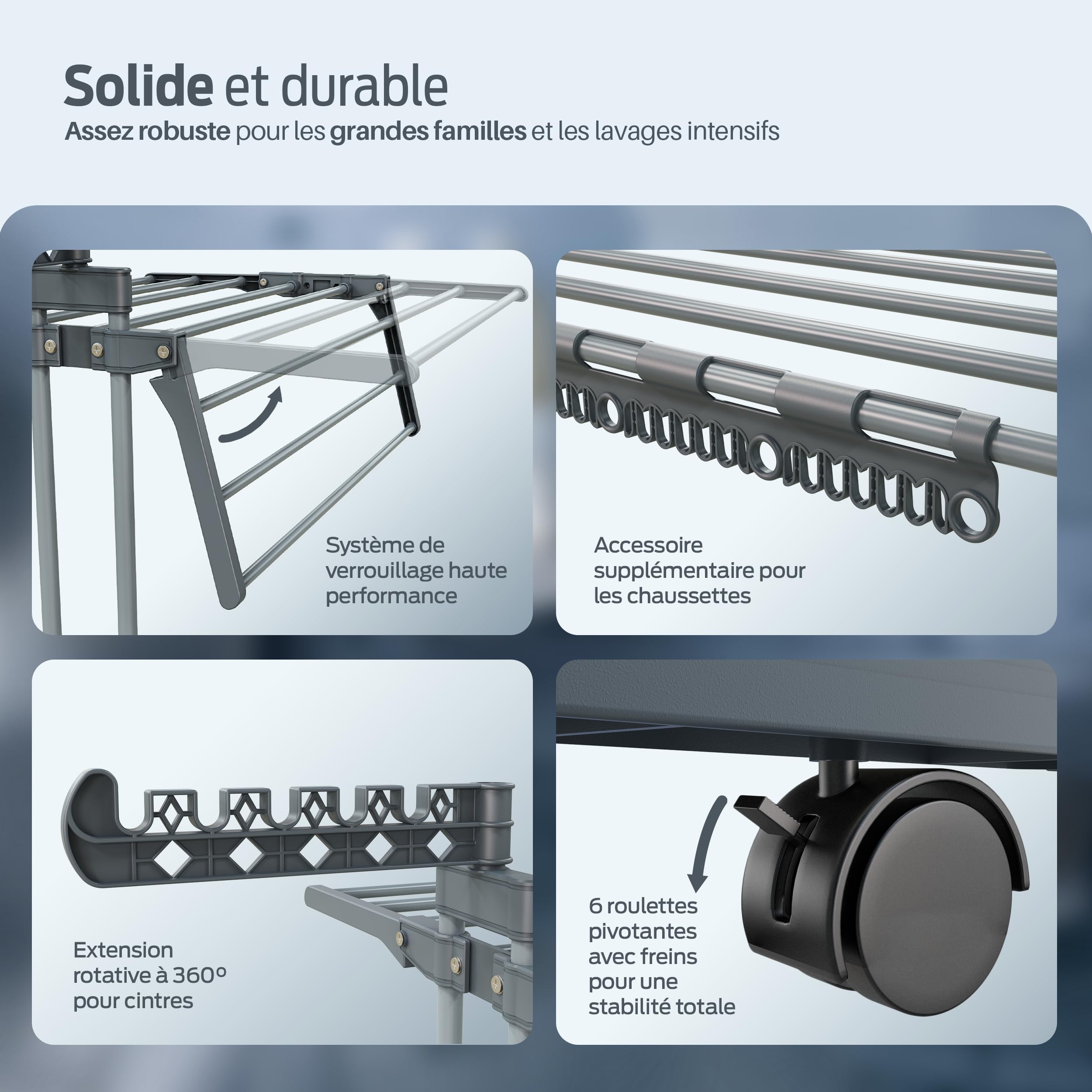 PORTENTUM Etendoir Linge Interieur et Exterieur Pliable avec 4 Niveaux et 24 Barres de séchage – Jusqu’à 40 kg – Seche Linge avec 2 Accessoires pour Chaussettes – roulettes pivotantes avec Frein