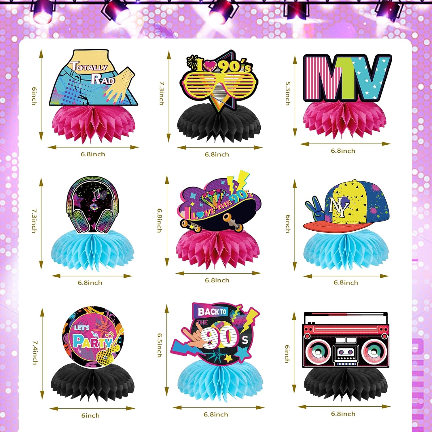 Qpout 9 PCS 90's Honeycomb Centerpieces 90s Theme Party Decorations 1990 Hip Hop Birthday Party Table Decorations 90s Centerpieces for Tables 90s Theme Party Favors 90s Retro Party Decor