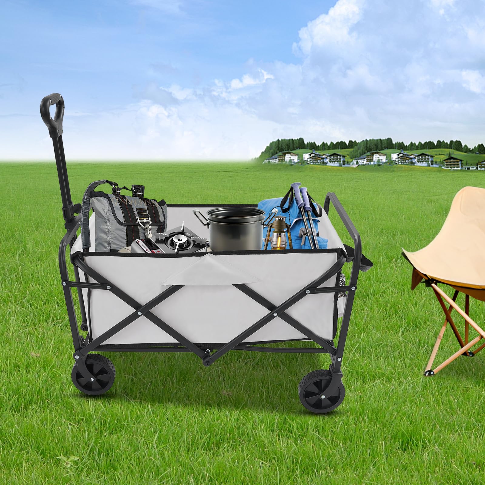 Bollerwagen faltbar mit 90 kg Tragkraft und Teleskopgriff | Inklusive Abnehmbarer Stofftasche und 4 Reifen mit Profil für Camping Garten Outdoor und Einkauf
