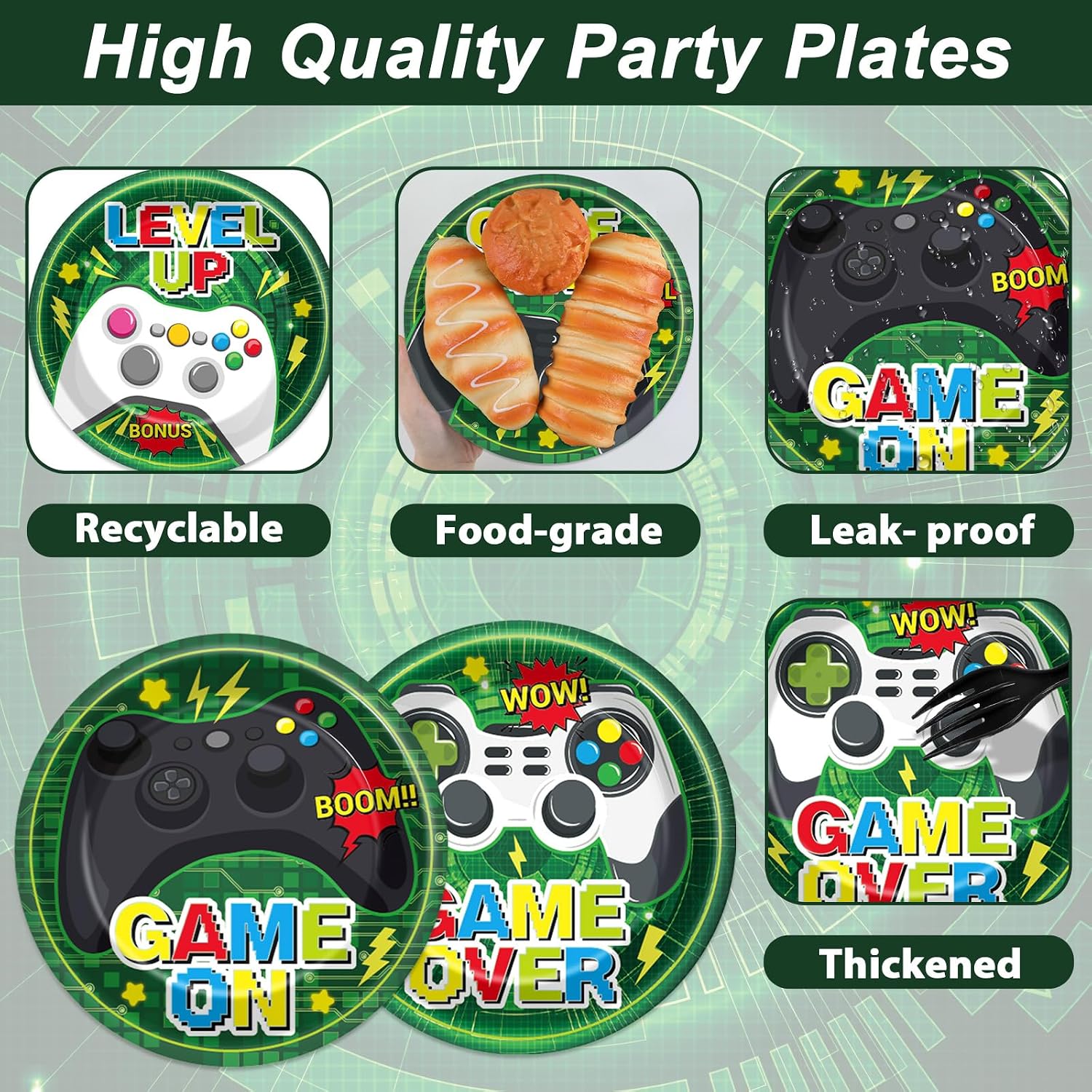 48PCS Video Game Party Paper Plates for Video Game Birthday Themed Party Supplies 7" Boys Gamer kids Disposable Plates Green Gaming Controller Dessert Level Up Plate for Baby Shower Favors Decorations image 3