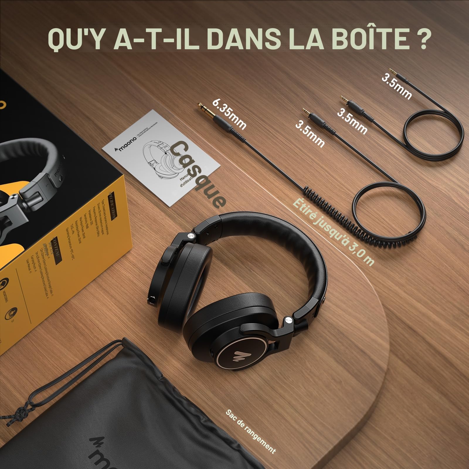 MAONO Casque Audio Filaire Professionnel de Studio avec Câble Détachable de 6,35 mm & 3,5 mm, pour Le Monitoring, Compatible avec Les Microphones, Téléphones, Ordinateurs, Pianos, MH700 Noir