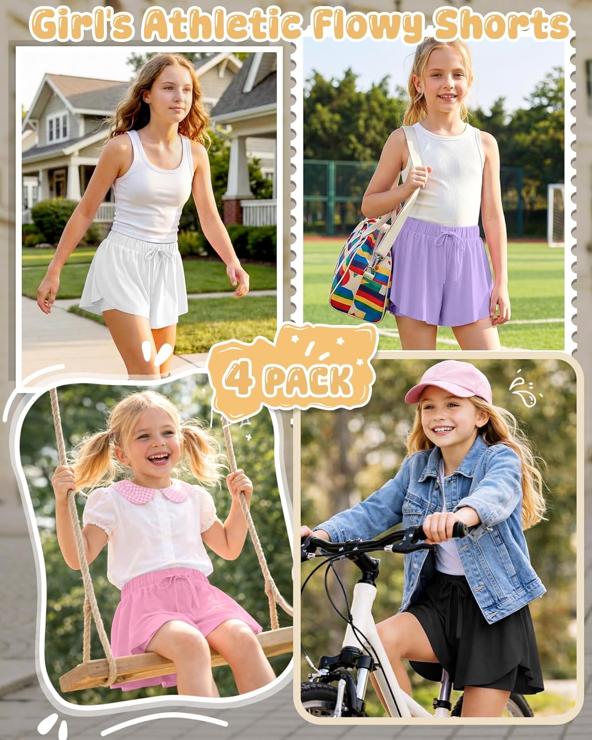 4 Pack Girl's Athletic Flowy Shorts Kids Butterfly Short with Pockets 2 in 1 Drawstring Sports Skirts for 5-14 Years