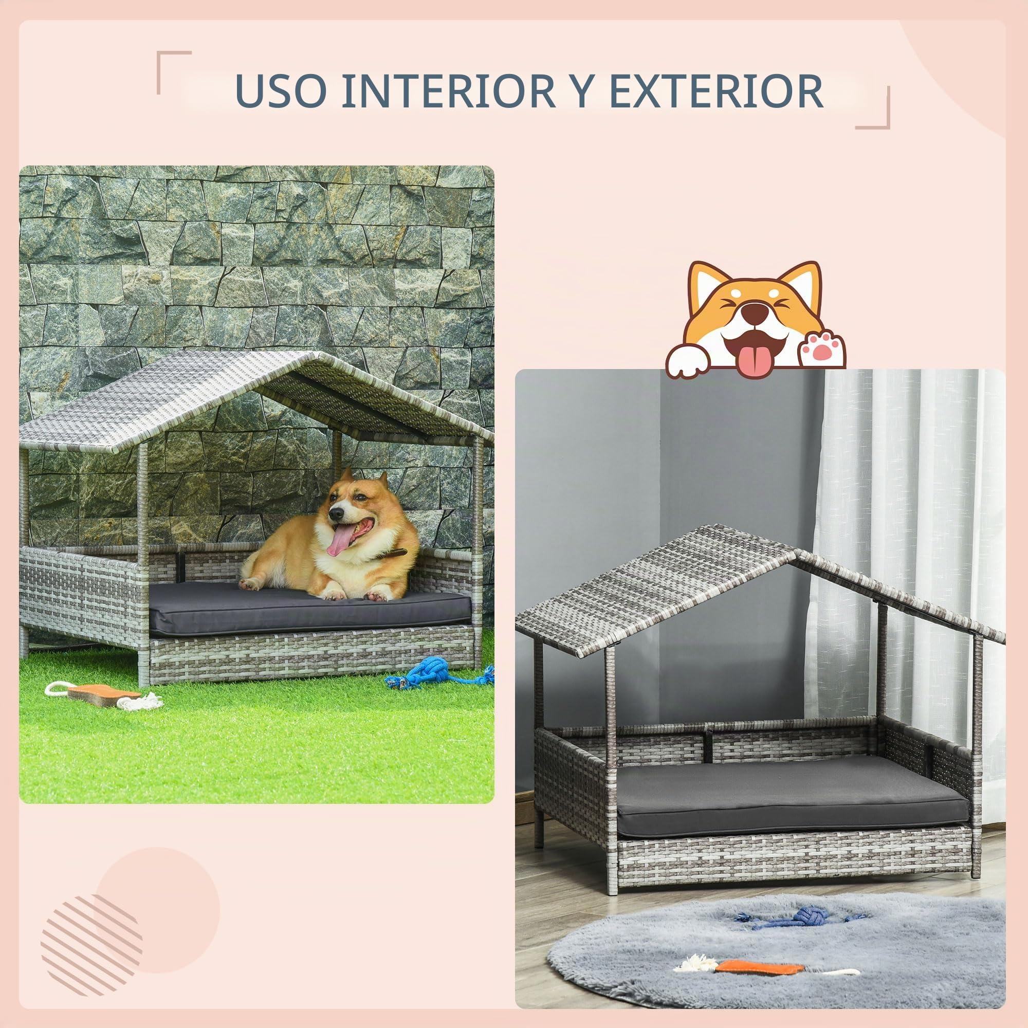Casa para Perros PawHut de ratán con cojín, Cama para Perros en Forma de casa, caseta para Perros de Exterior, Estructura de Acero, plástico, Gris, 69 x 98 x 70 cm